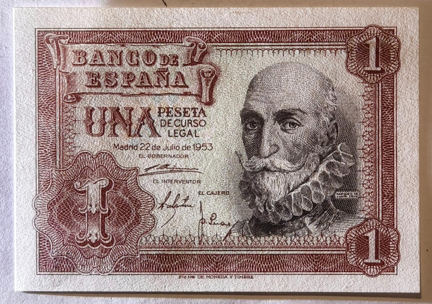 紫瑗钱币——第361期拍卖——纸币场 西班牙 1953年 阿尔瓦罗 1比塞塔 UNC (p-144a)