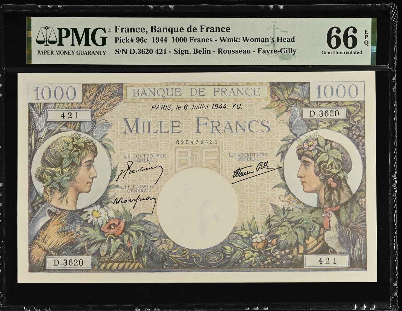 收藏联盟Quantum Auction 第345期拍卖  法国1944年1000法郎 PMG66 大票幅