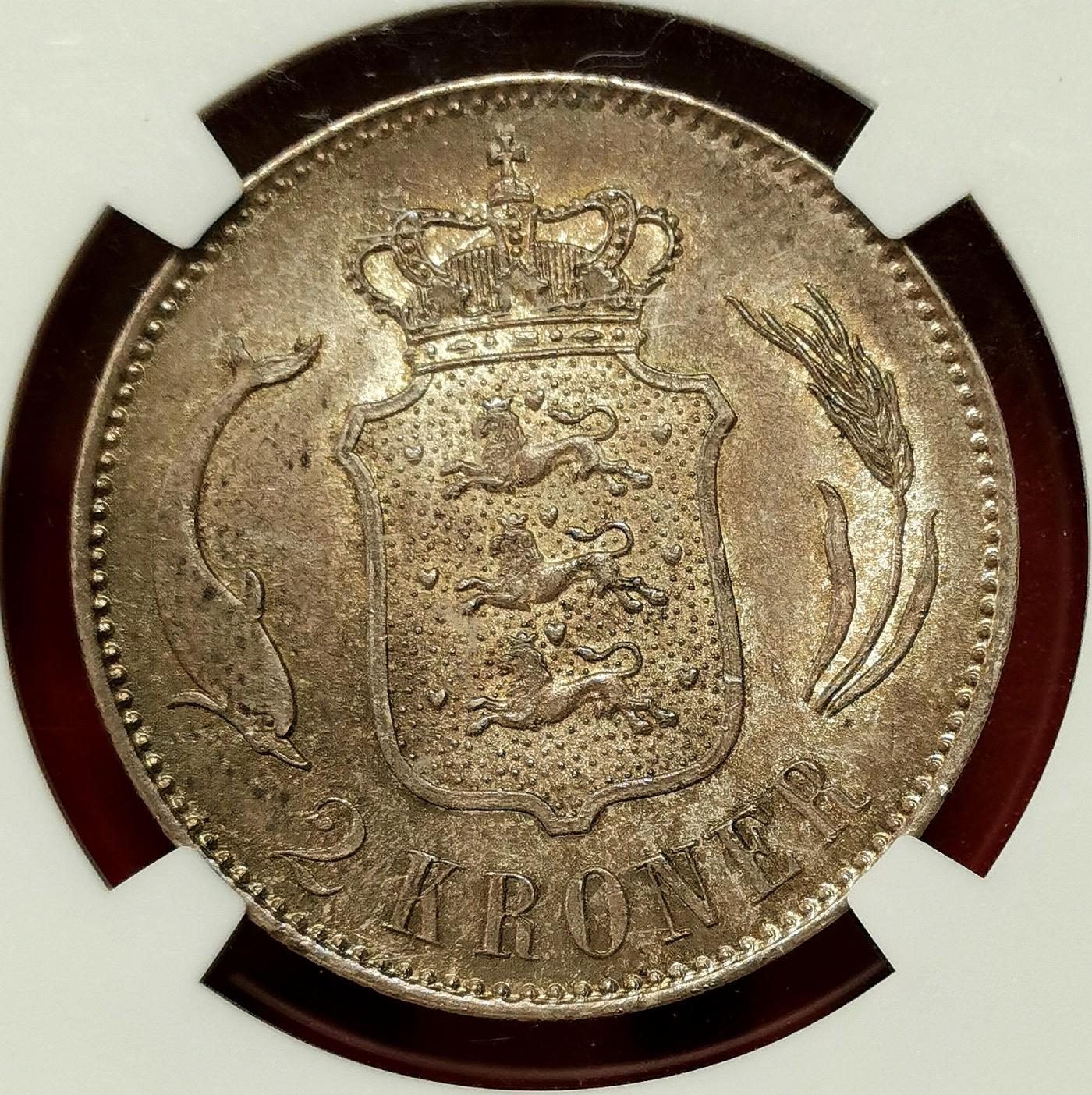 凡希社世界钱币微拍第二百六十八期 荐！1875HC丹麦克里斯蒂安九世2克朗银币NGC-MS64，流通版首年，图案简练典雅，包浆优美，N冠军分！