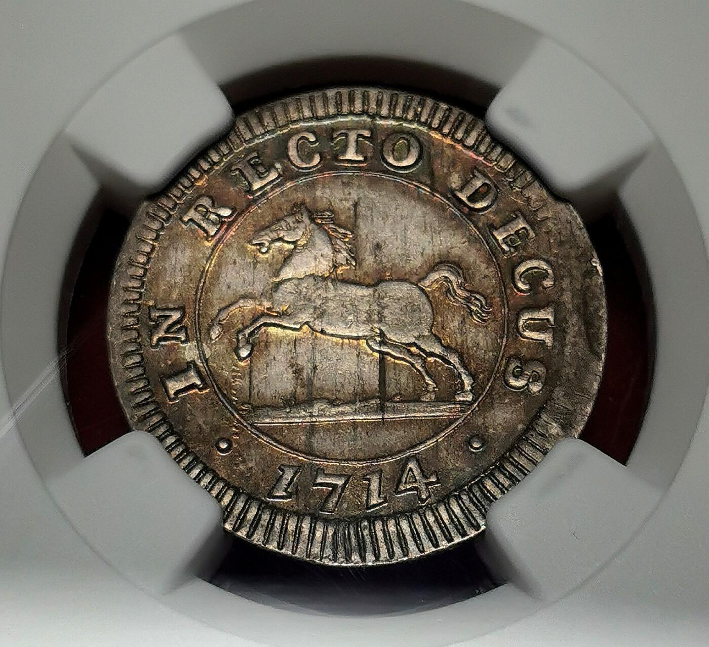 凡希社世界钱币微拍第二百六十八期 1714布伦瑞克吕内堡奔马4MG银辅币NGC-MS62，五彩绝美！