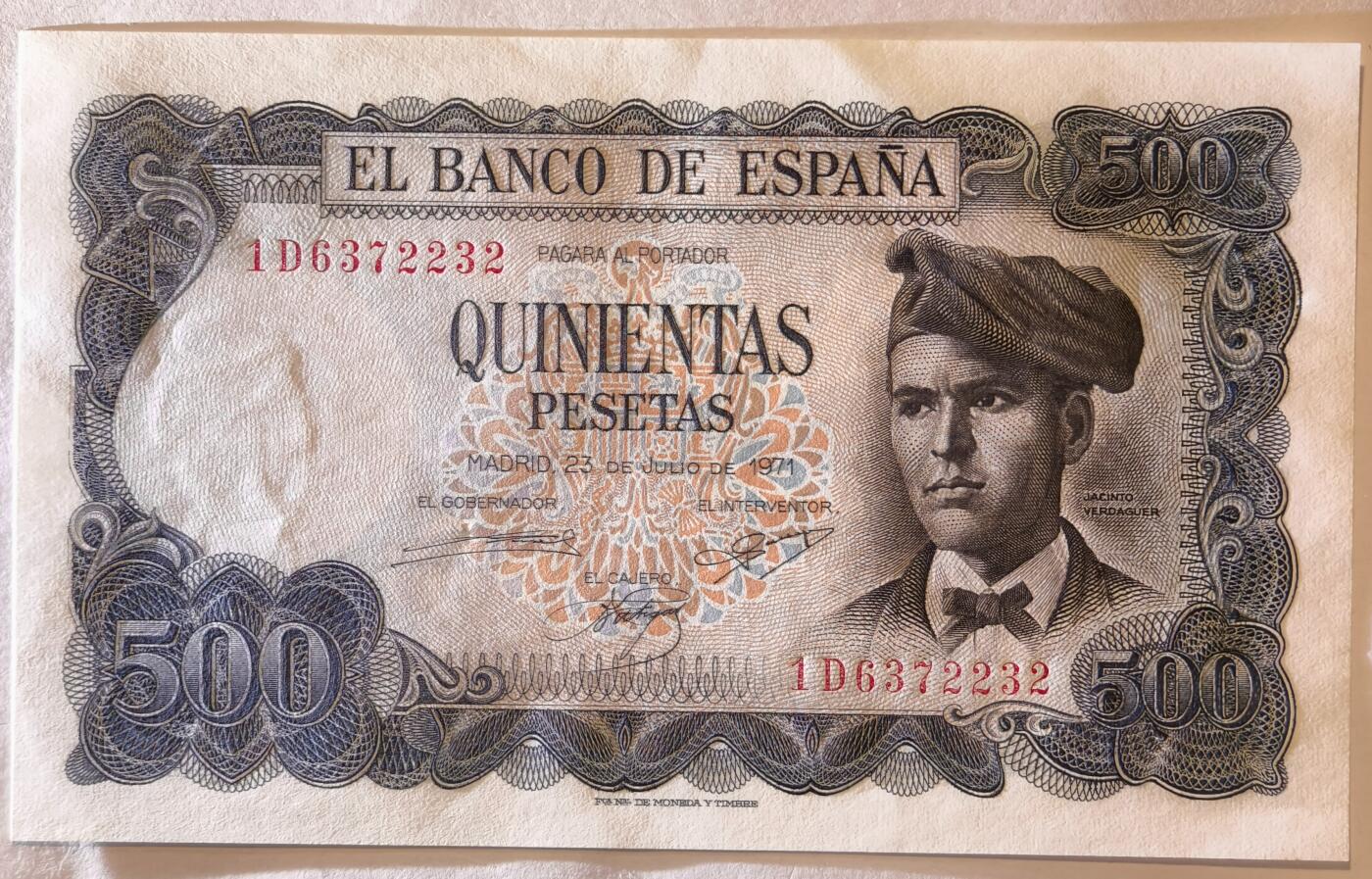 紫瑗钱币——第375期拍卖——纸币场  西班牙 1971年 (1973) 维达格尔 500比塞塔 UNC (P-153a)
