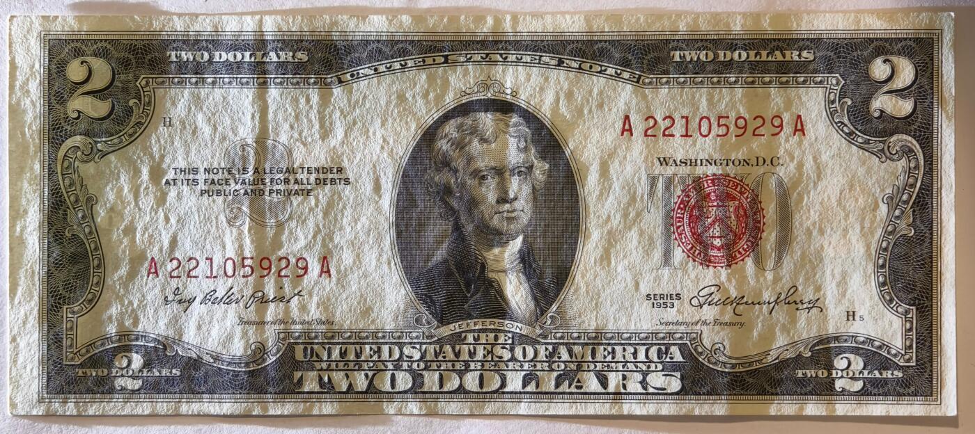 紫瑗钱币——第347期拍卖——纸币场 美国 1953年 B序列 托马斯·杰斐逊 2美元 红印 政府券 AU