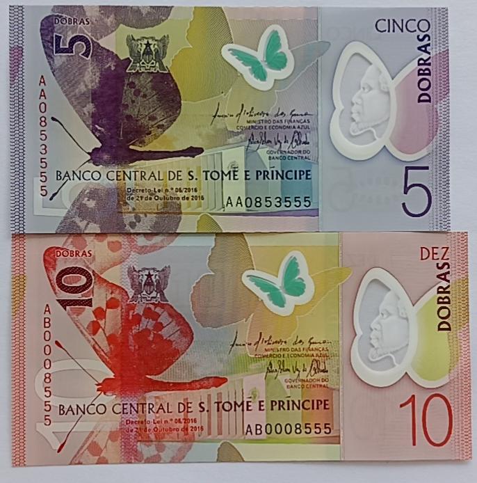 精品钱币第28场 全新UNC圣多美和普林西比(5+10)靓号555对钞