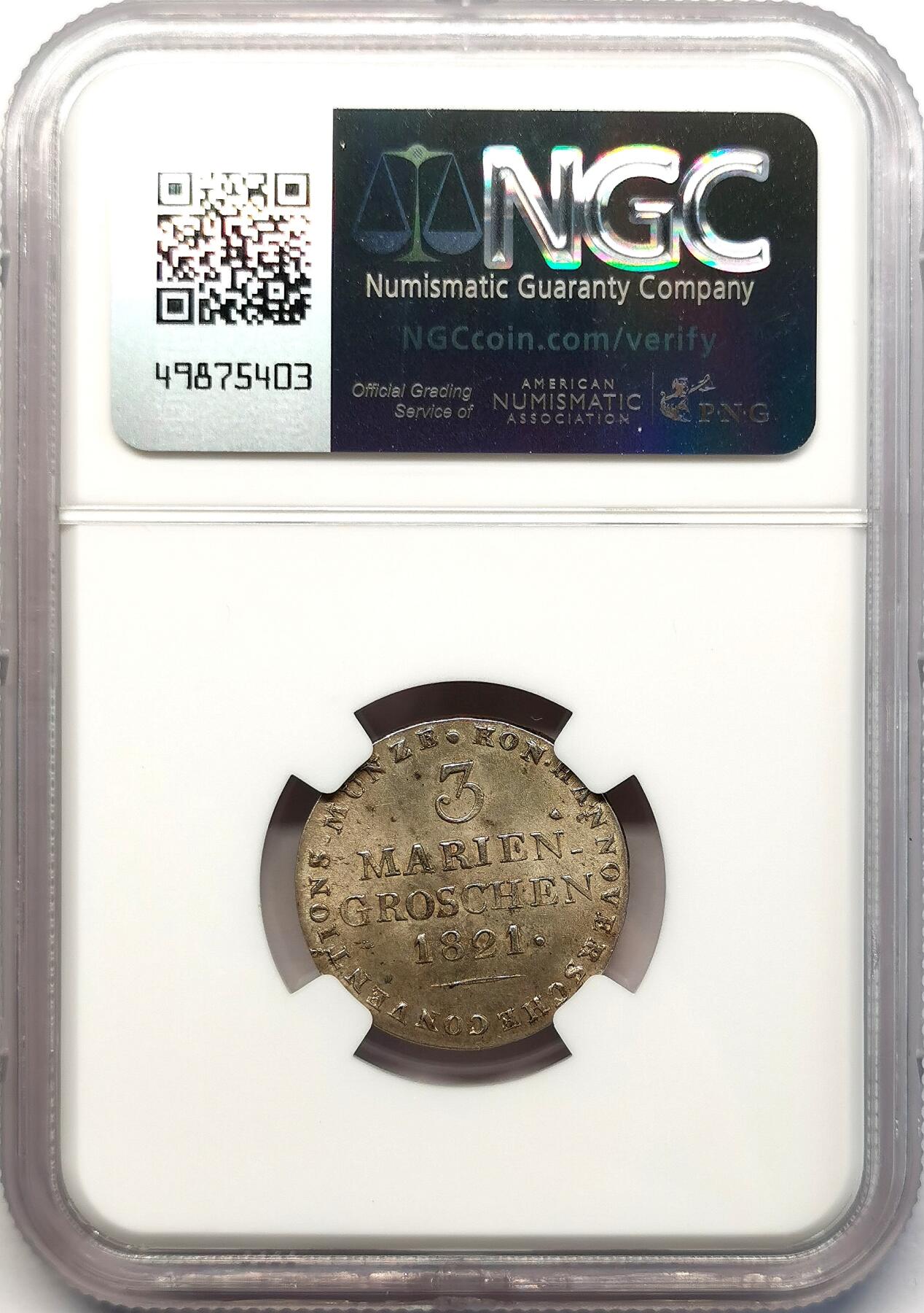 凡希社世界钱币微拍第二百六十八期 1821汉诺威奔马3MG银辅币NGC-MS63，哑光质感，底板丝滑！