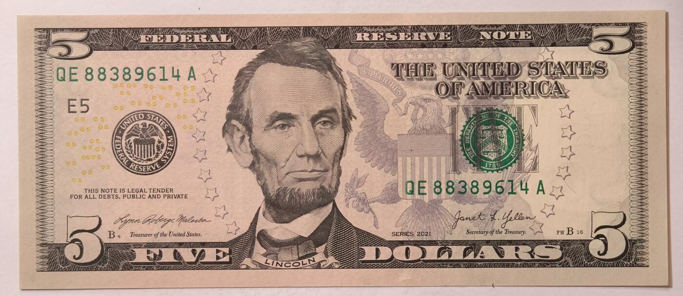 紫瑗钱币——第347期拍卖——纸币场 美国 2021年 E版 无序列 亚伯拉罕·林肯 5美元 彩色版 UNC