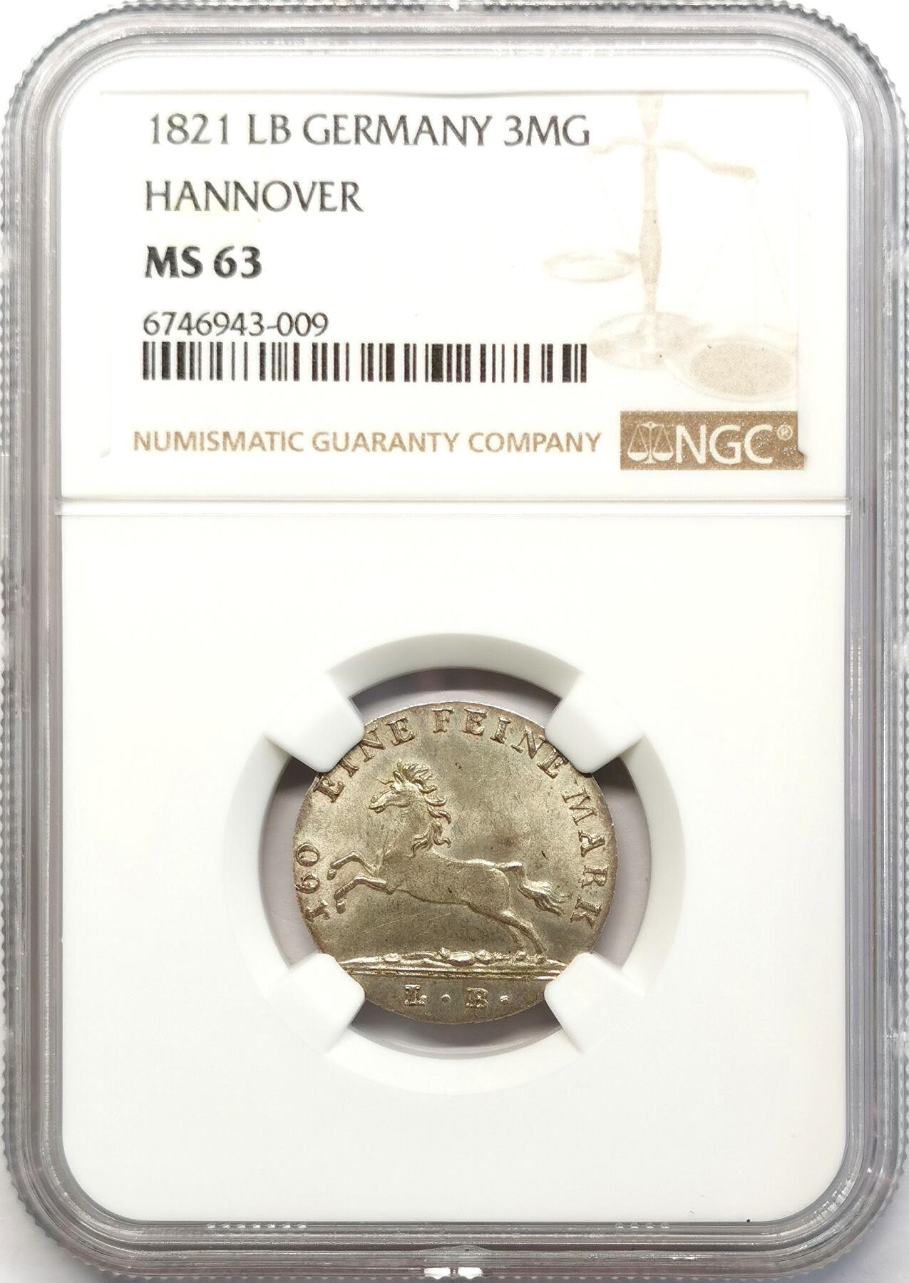 凡希社世界钱币微拍第二百六十八期 1821汉诺威奔马3MG银辅币NGC-MS63，哑光质感，底板丝滑！