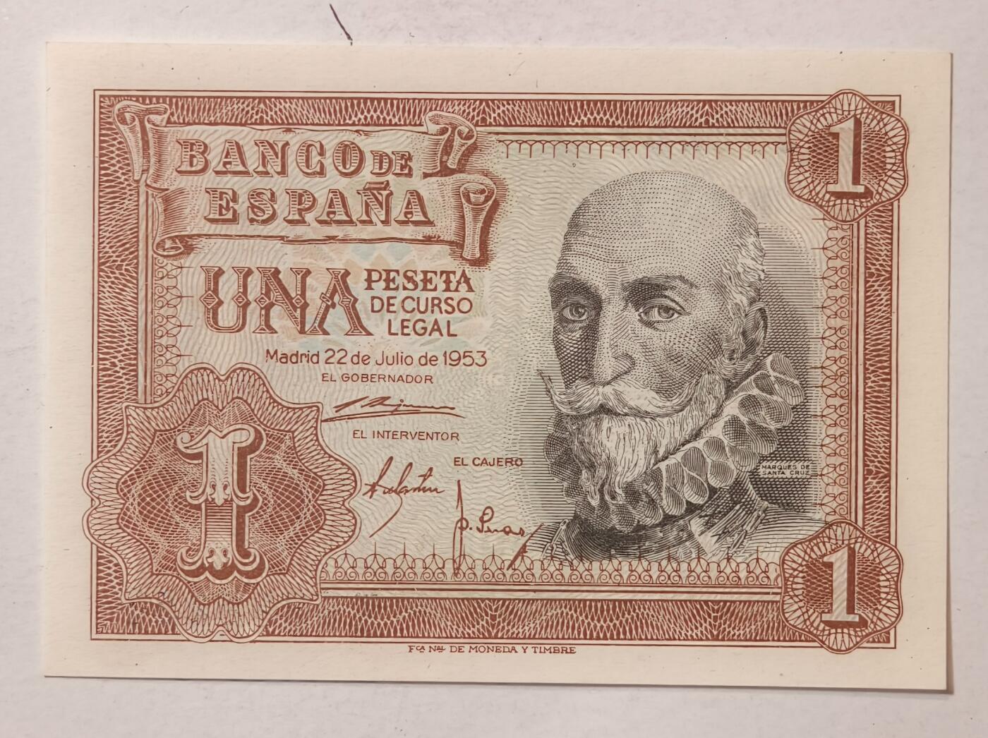 紫瑗钱币——第361期拍卖——纸币场 西班牙 1953年 阿尔瓦罗 1比塞塔 UNC (p-144a)