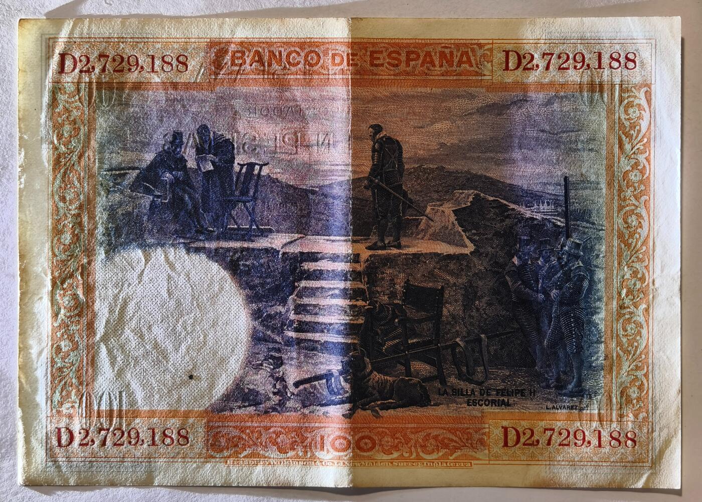 紫瑗钱币——第361期拍卖——纸币场 【双尾8】西班牙 1925年 油画《腓力二世的座椅》 100比塞塔 AU