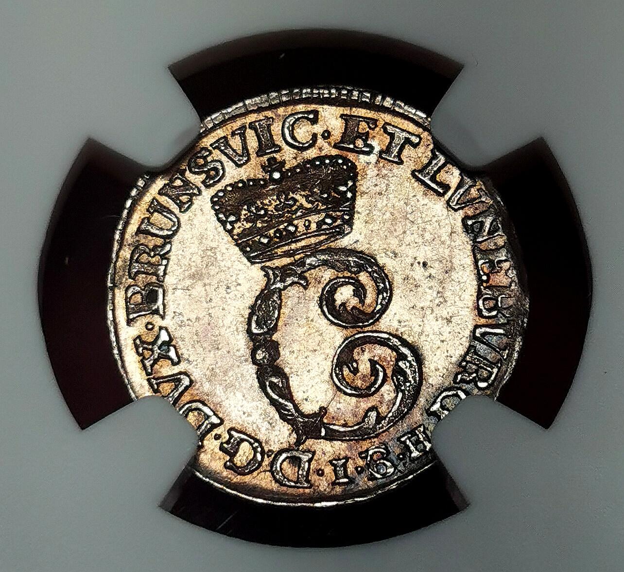 凡希社世界钱币微拍第二百六十八期 1740布伦瑞克沃芬伯特奔马2MG银辅币NGC-MS62，漂亮的紫金彩！