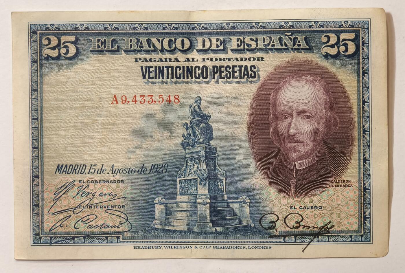 紫瑗钱币——第361期拍卖——纸币场 西班牙 1928年 卡尔德隆 25比塞塔 AU
