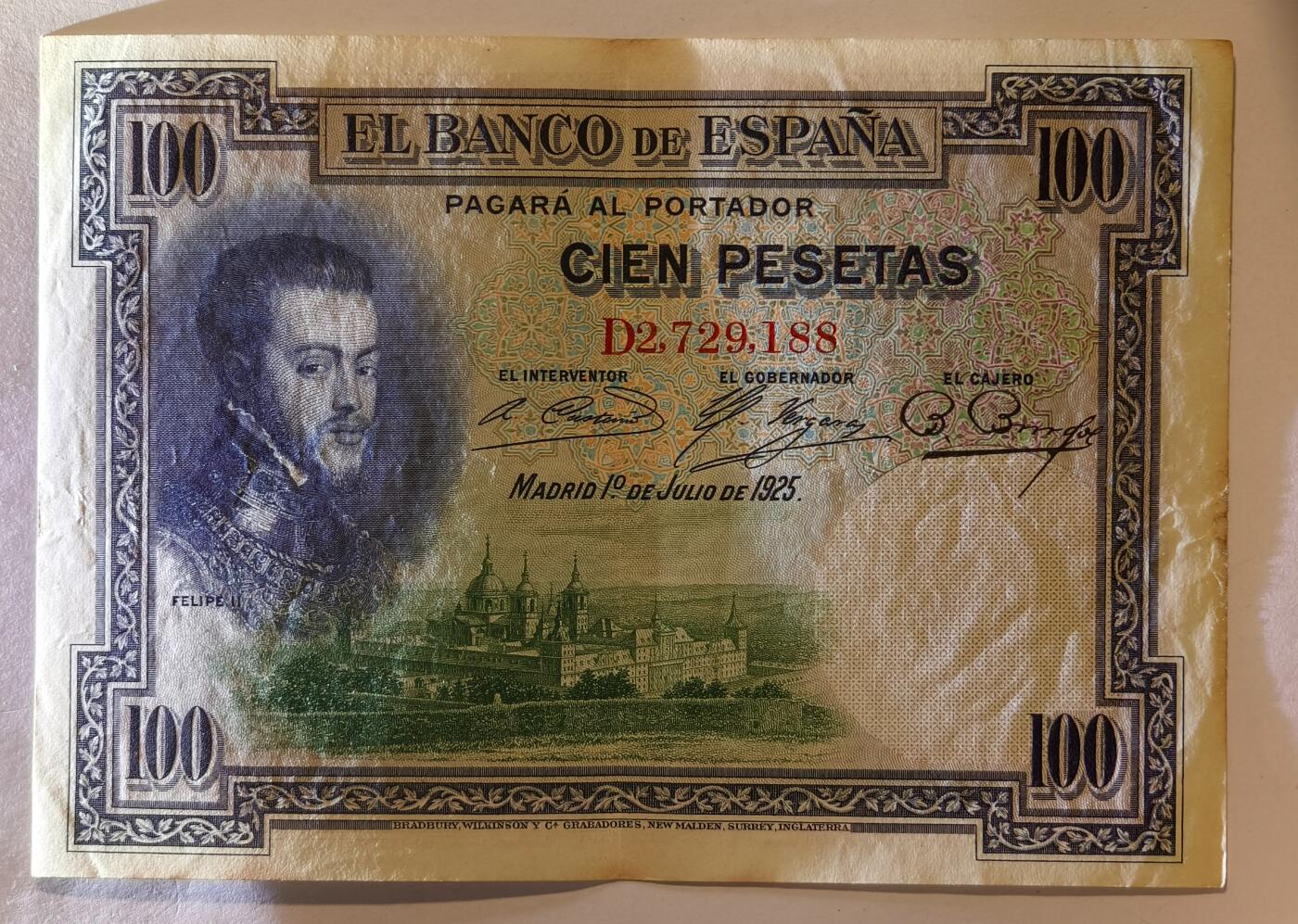 紫瑗钱币——第361期拍卖——纸币场 【双尾8】西班牙 1925年 油画《腓力二世的座椅》 100比塞塔 AU