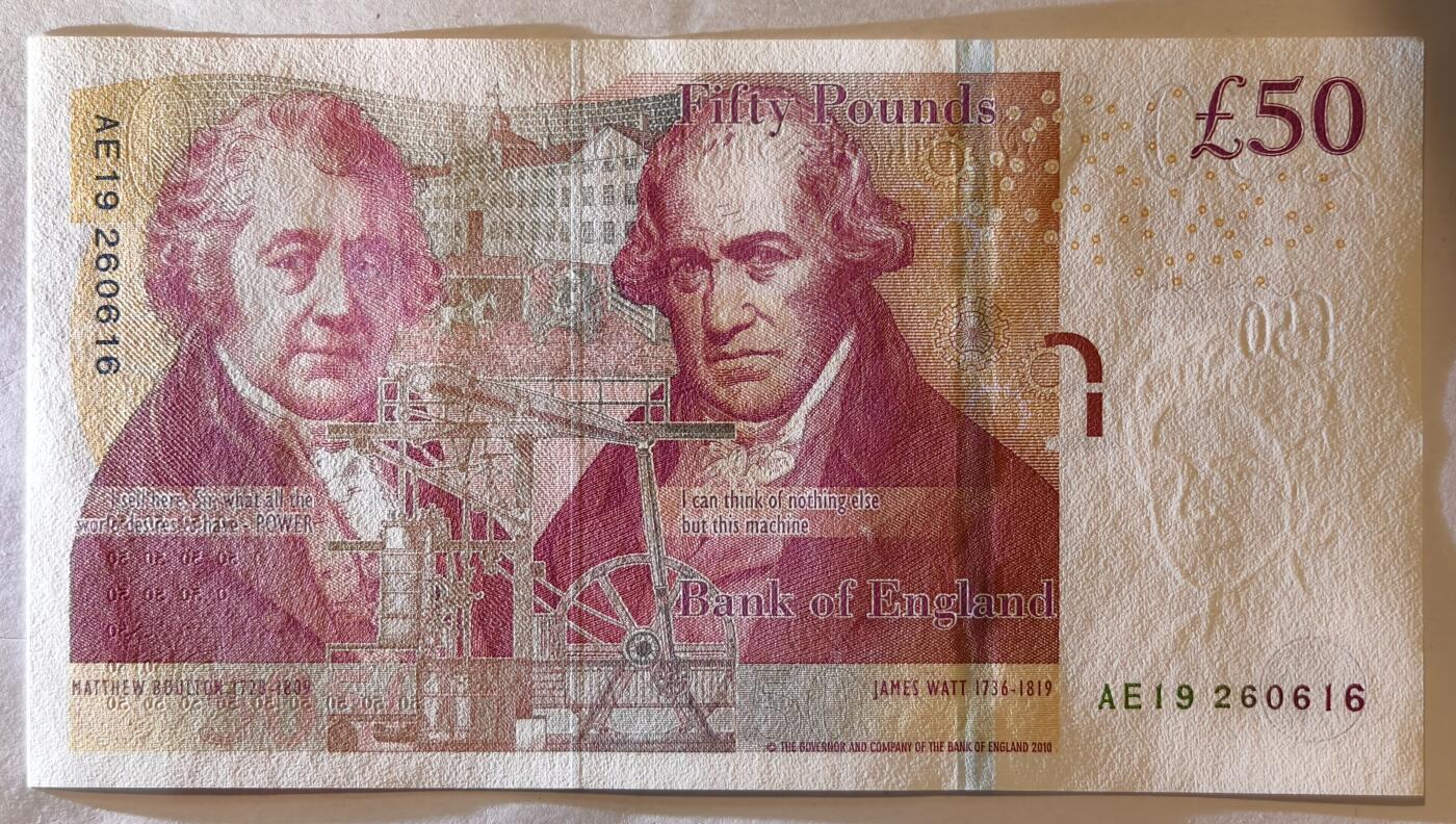 紫瑗钱币——第361期拍卖——纸币场 英国2010年 F序列 工程师瓦特(蒸汽机发明者)和其推广合作者博尔顿 50镑 UNC