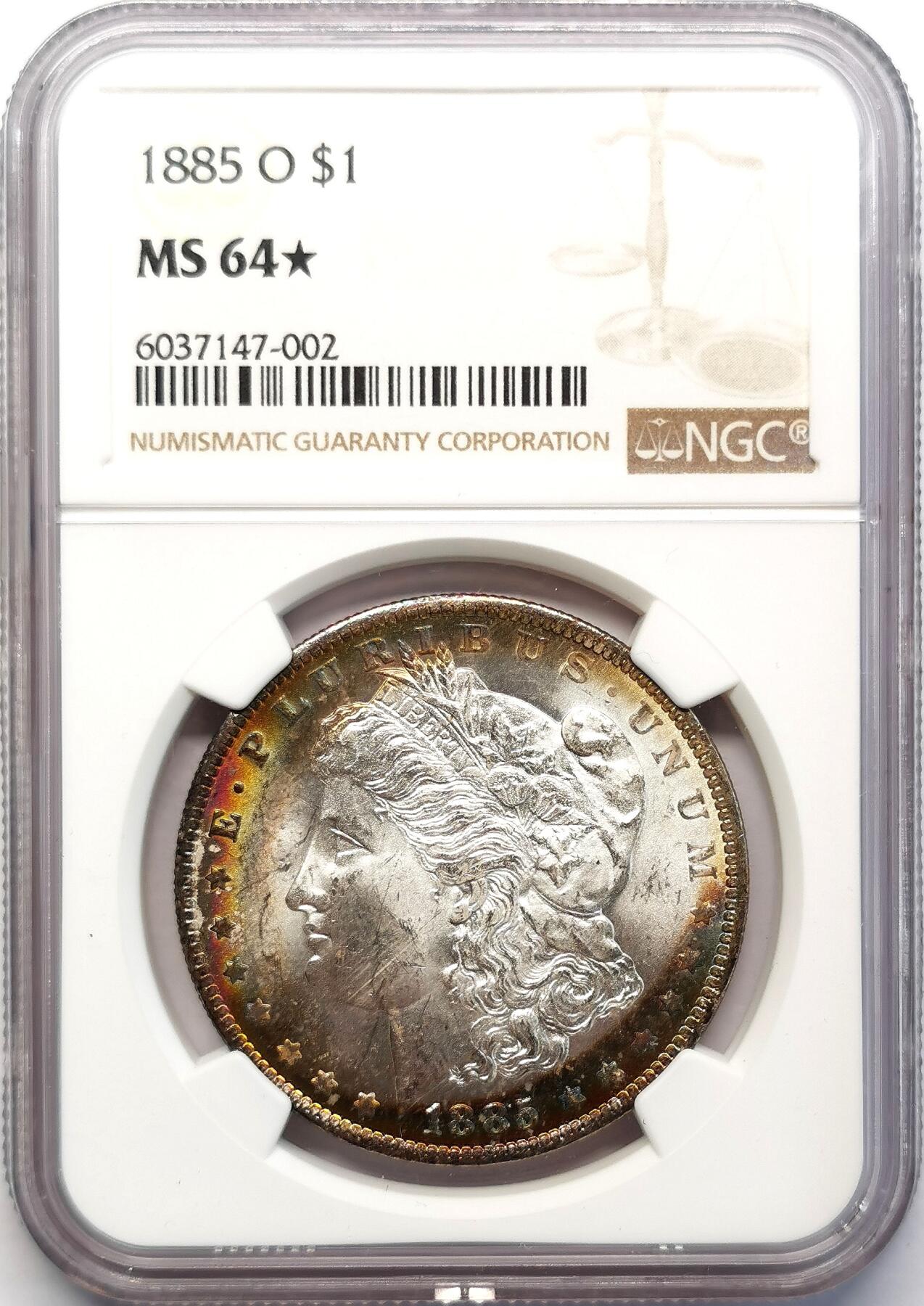 凡希社世界钱币微拍第二百六十八期 1885O美国摩根壹元NGC-MS64*，环彩银光品！