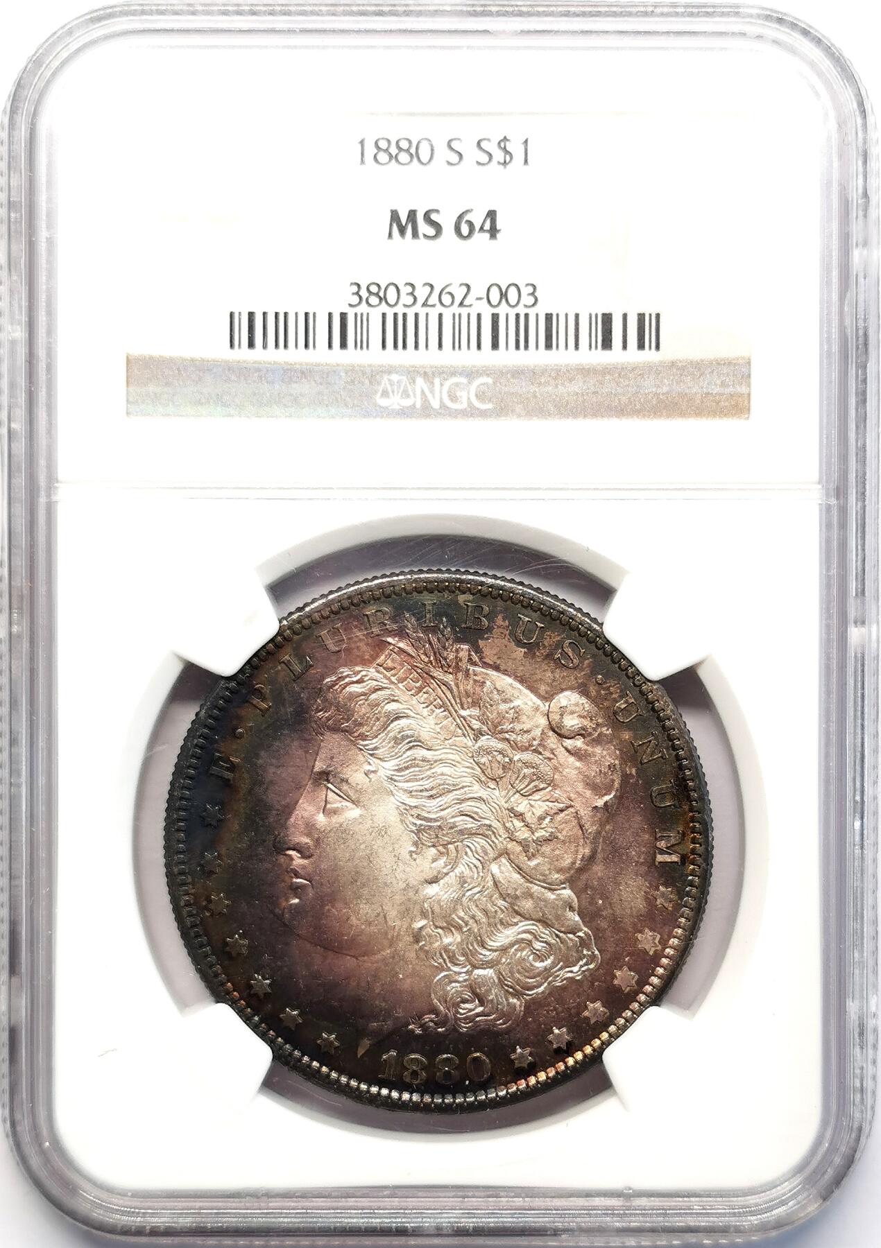 凡希社世界钱币微拍第二百六十八期 1880S美国摩根壹元NGC-MS64，极具个性的重五彩环状包浆！