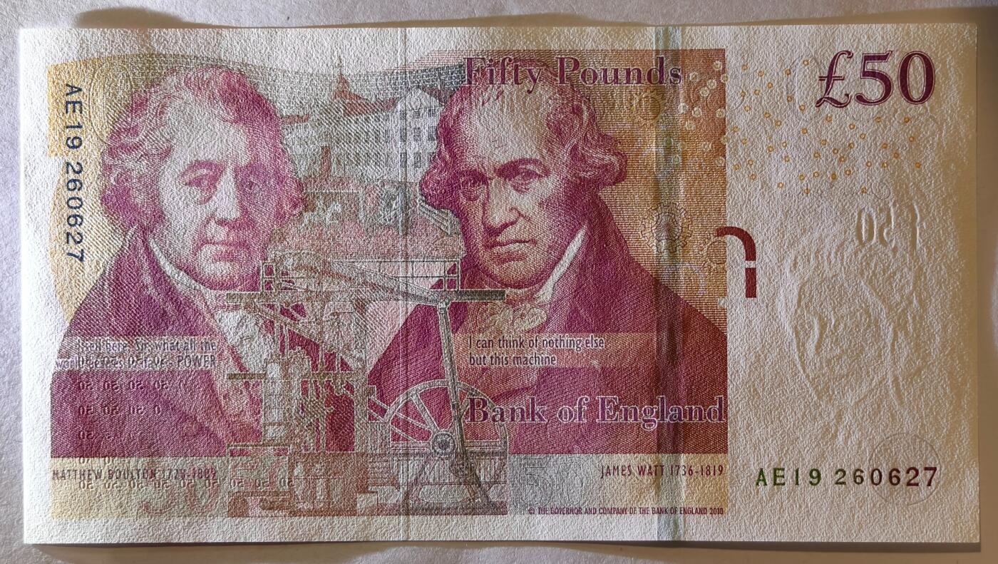 紫瑗钱币——第375期拍卖——纸币场 英国2010年 F序列 工程师瓦特(蒸汽机发明者)和其推广合作者博尔顿 50镑 UNC