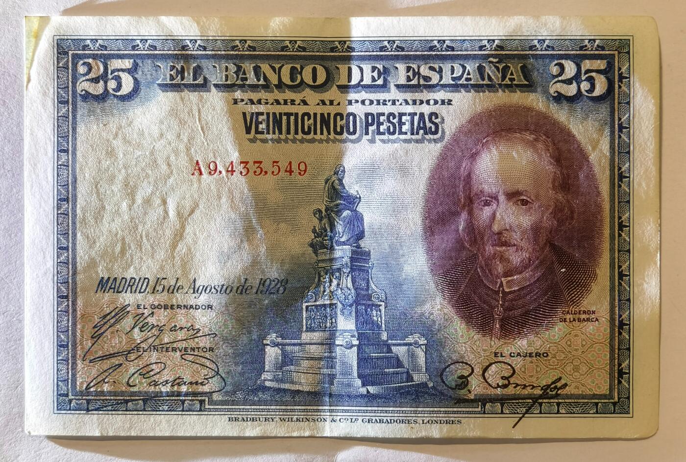 紫瑗钱币——第375期拍卖——纸币场 西班牙 1928年 卡尔德隆 25比塞塔 AU