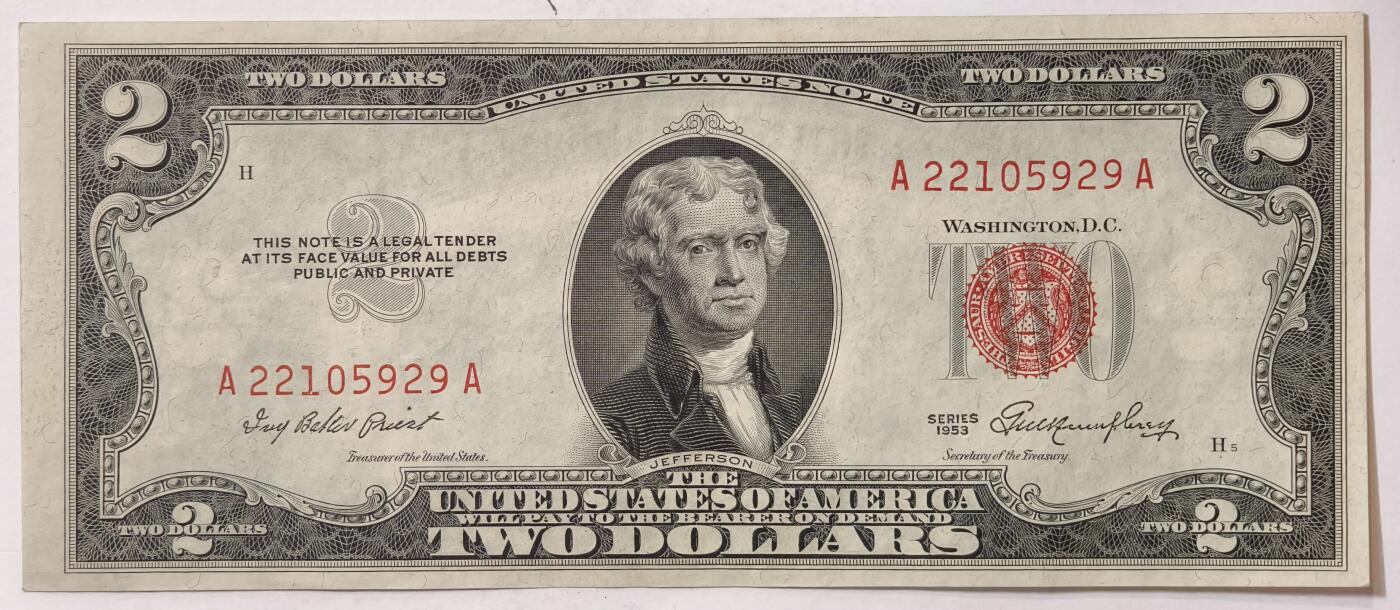 紫瑗钱币——第347期拍卖——纸币场 美国 1953年 B序列 托马斯·杰斐逊 2美元 红印 政府券 AU