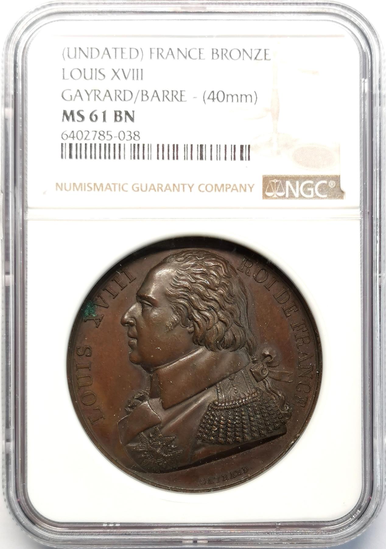 凡希社世界钱币微拍第二百六十八期 十九世纪初法国路易十八军装像纪念铜章NGC-MS61