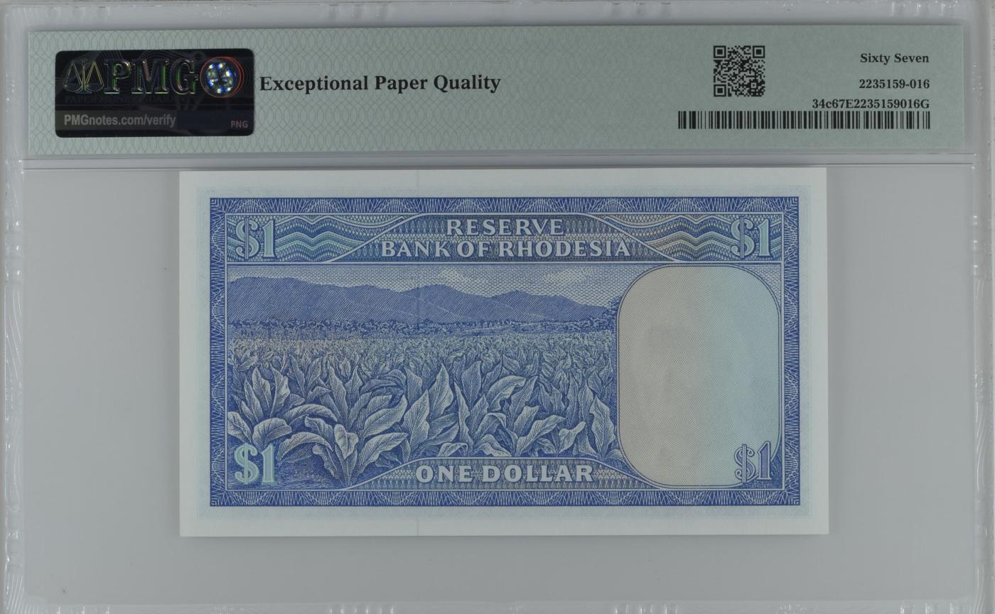 收藏联盟Quantum Auction 第345期拍卖  罗得西亚1978年1元 PMG67 号码无4 烟草田