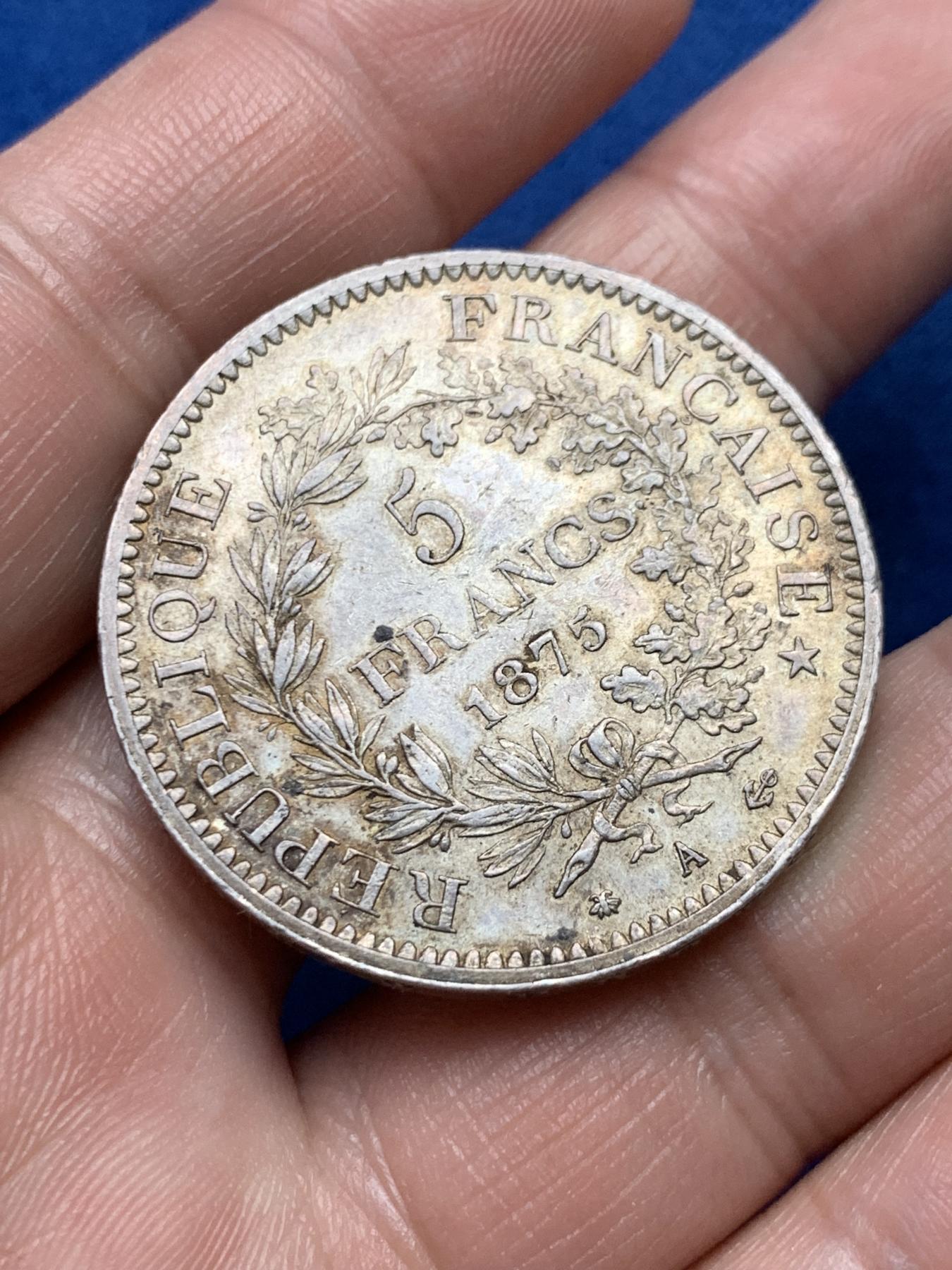 《竞宝斋》第267场- 周日，周一  2场连拍 （全场包邮） 法国第三共和国1875A大力神5法郎大银币 细节清楚包浆漂亮