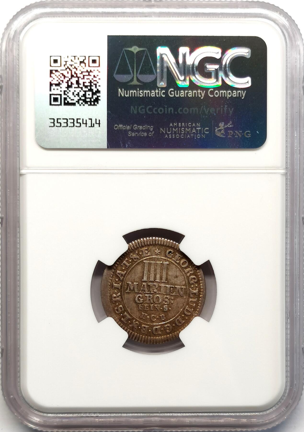 凡希社世界钱币微拍第二百六十八期 1714布伦瑞克吕内堡奔马4MG银辅币NGC-MS62，五彩绝美！