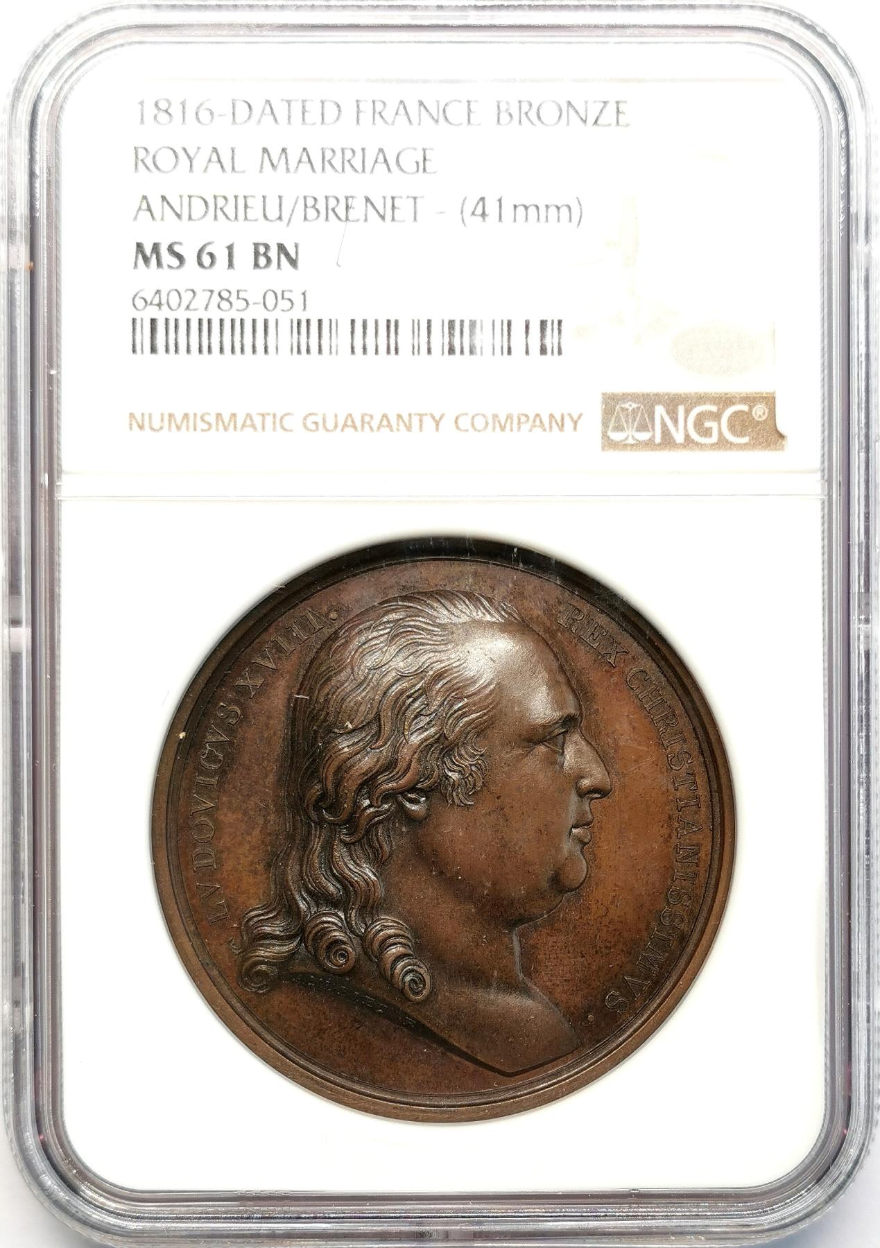 凡希社世界钱币微拍第二百六十八期 1816路易十八像法国皇家婚礼纪念铜章NGC-MS61