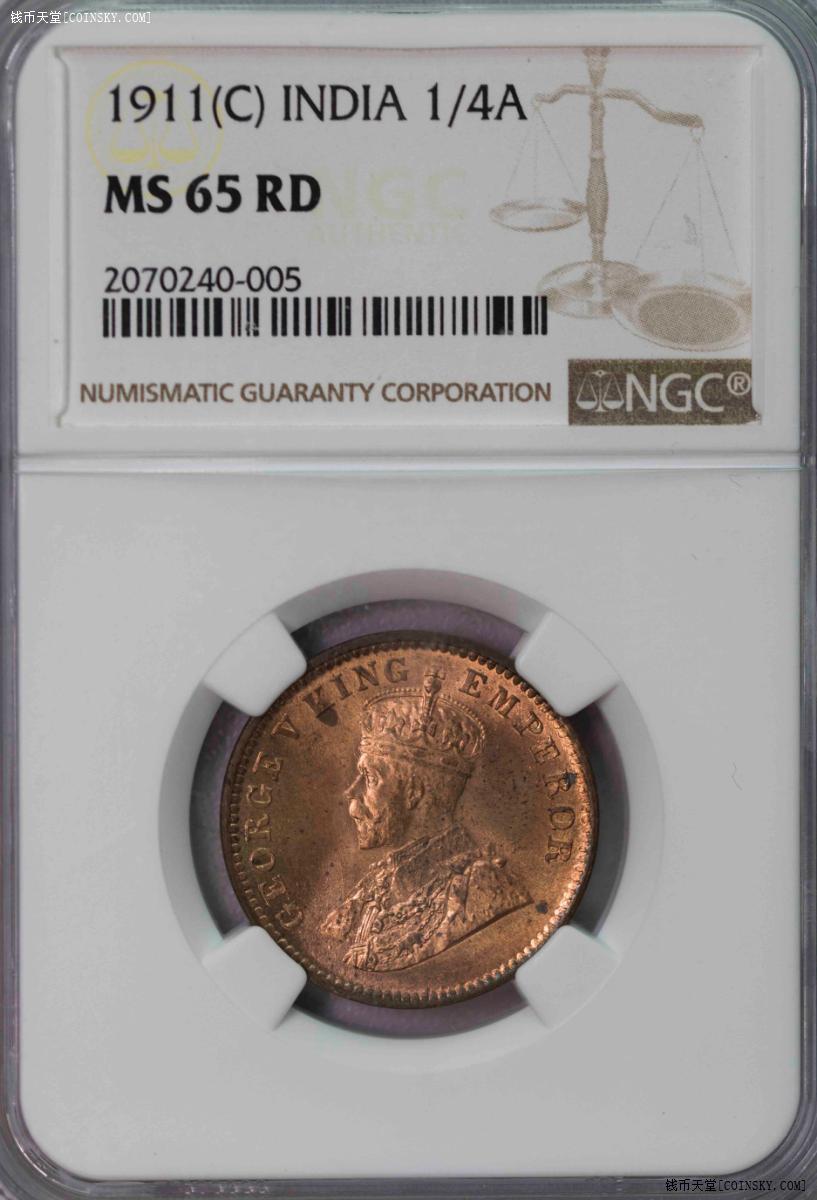 NGC-MS65RD 1911C印度猪安拿全铜光超级状态唯一RD全铜光