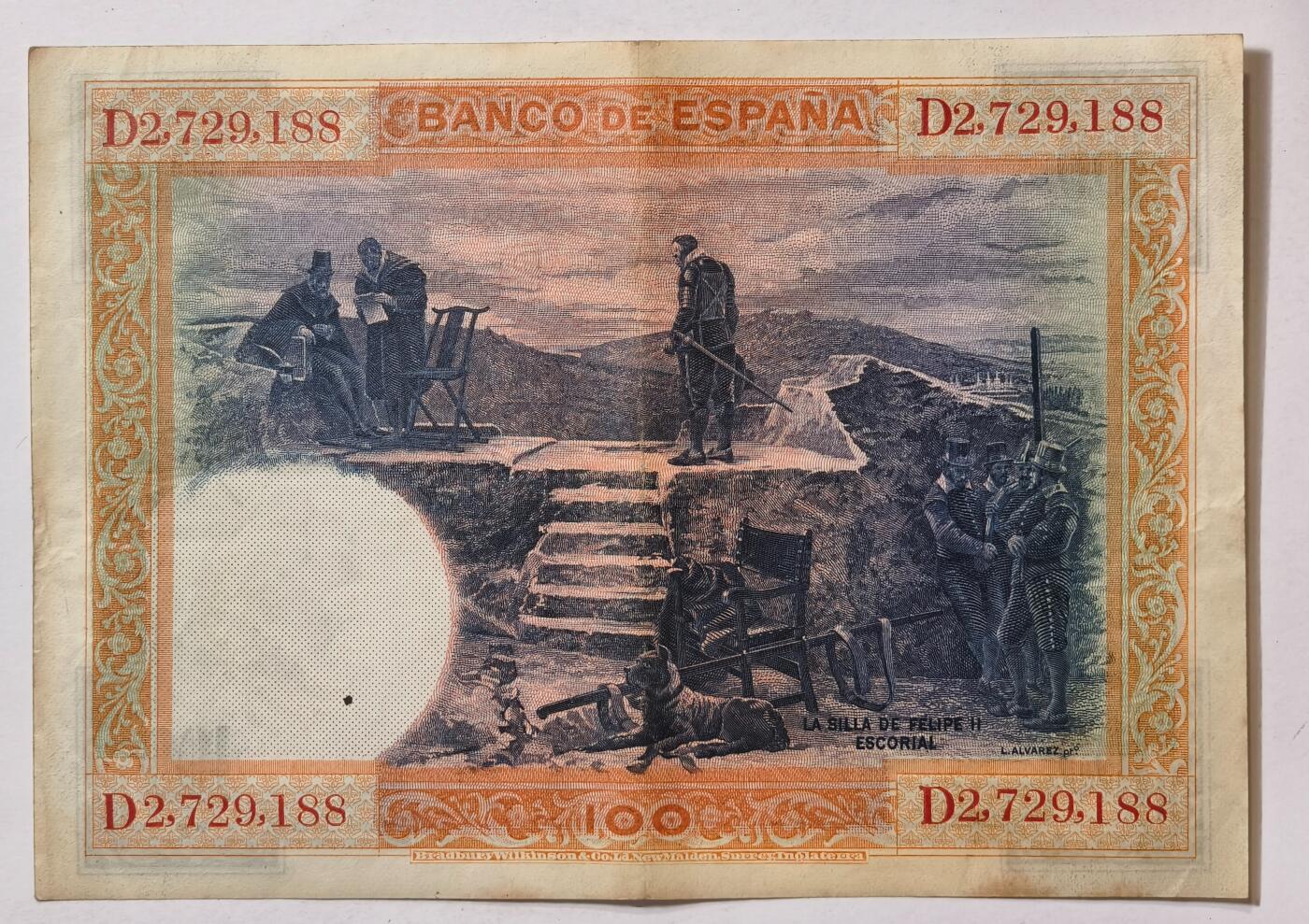 紫瑗钱币——第361期拍卖——纸币场 【双尾8】西班牙 1925年 油画《腓力二世的座椅》 100比塞塔 AU