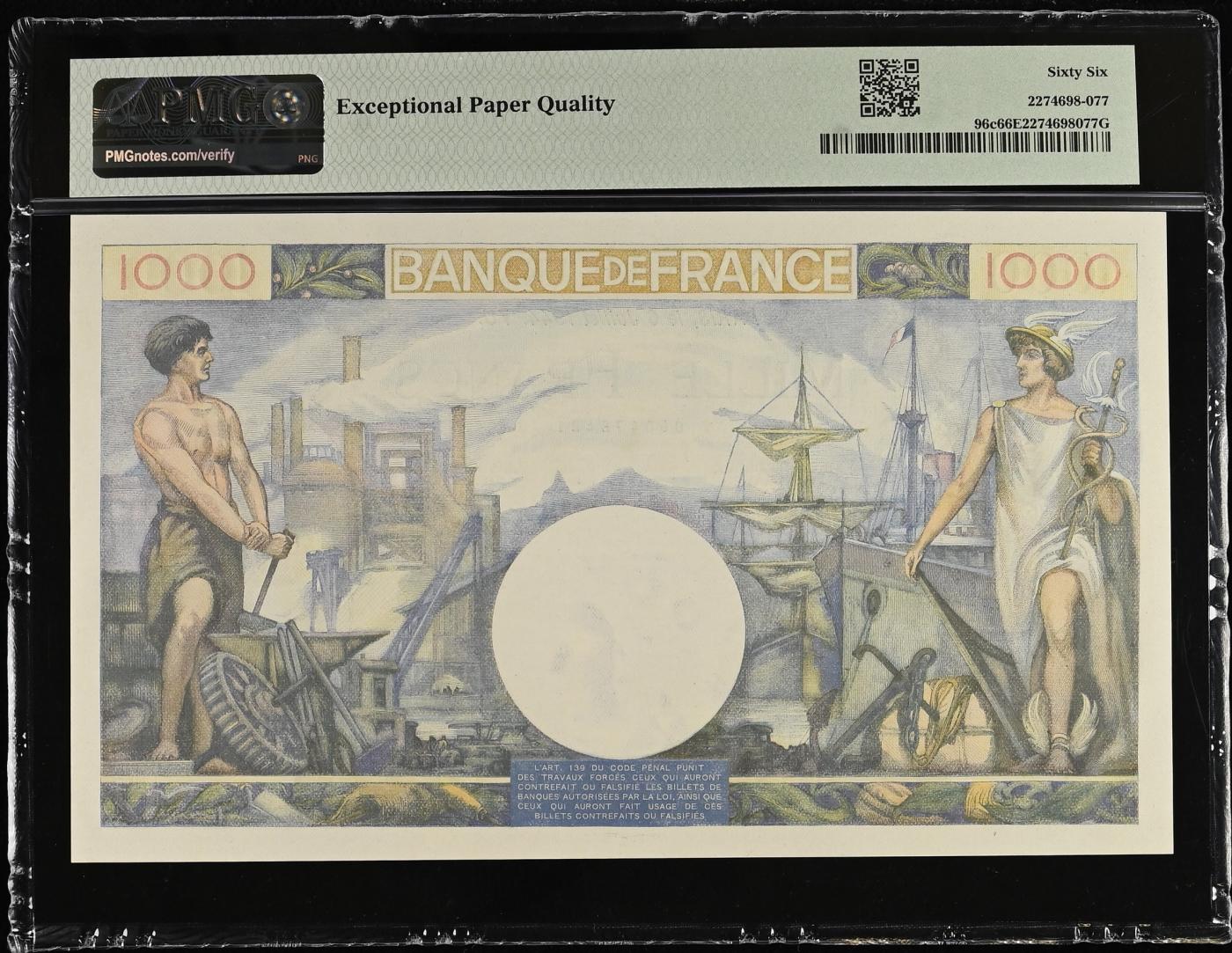收藏联盟Quantum Auction 第345期拍卖  法国1944年1000法郎 PMG66 大票幅