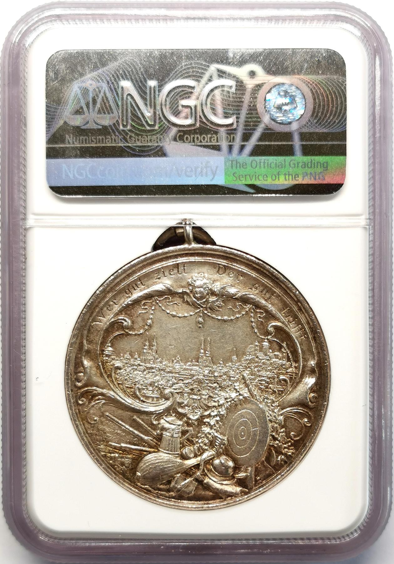凡希社世界钱币微拍第二百六十八期 1897德国纽伦堡射击节纪念银章NGC-AU58挂环完整！