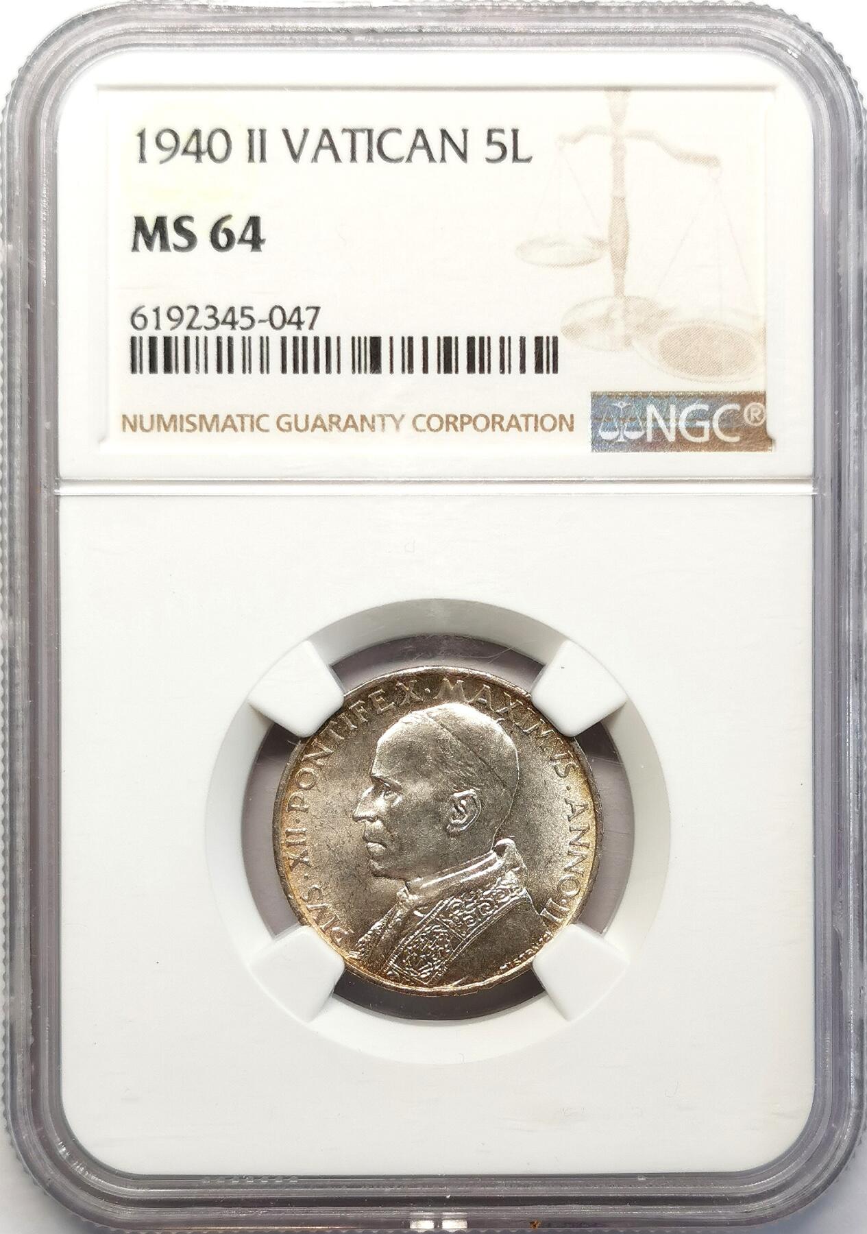 凡希社世界钱币微拍第二百六十八期 1940梵蒂冈5里拉银币NGC-MS64