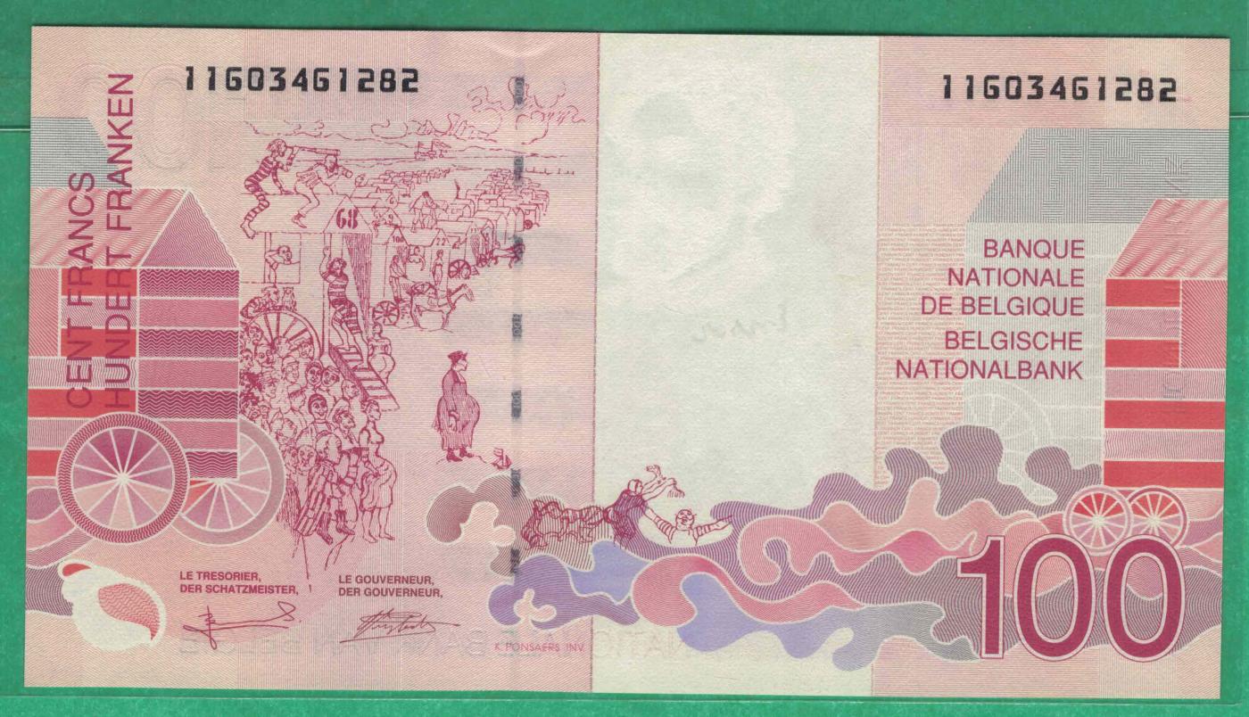 比利时1995年至2001年100法郎 P-147 签名少 欧洲纸币 实物图 UNC