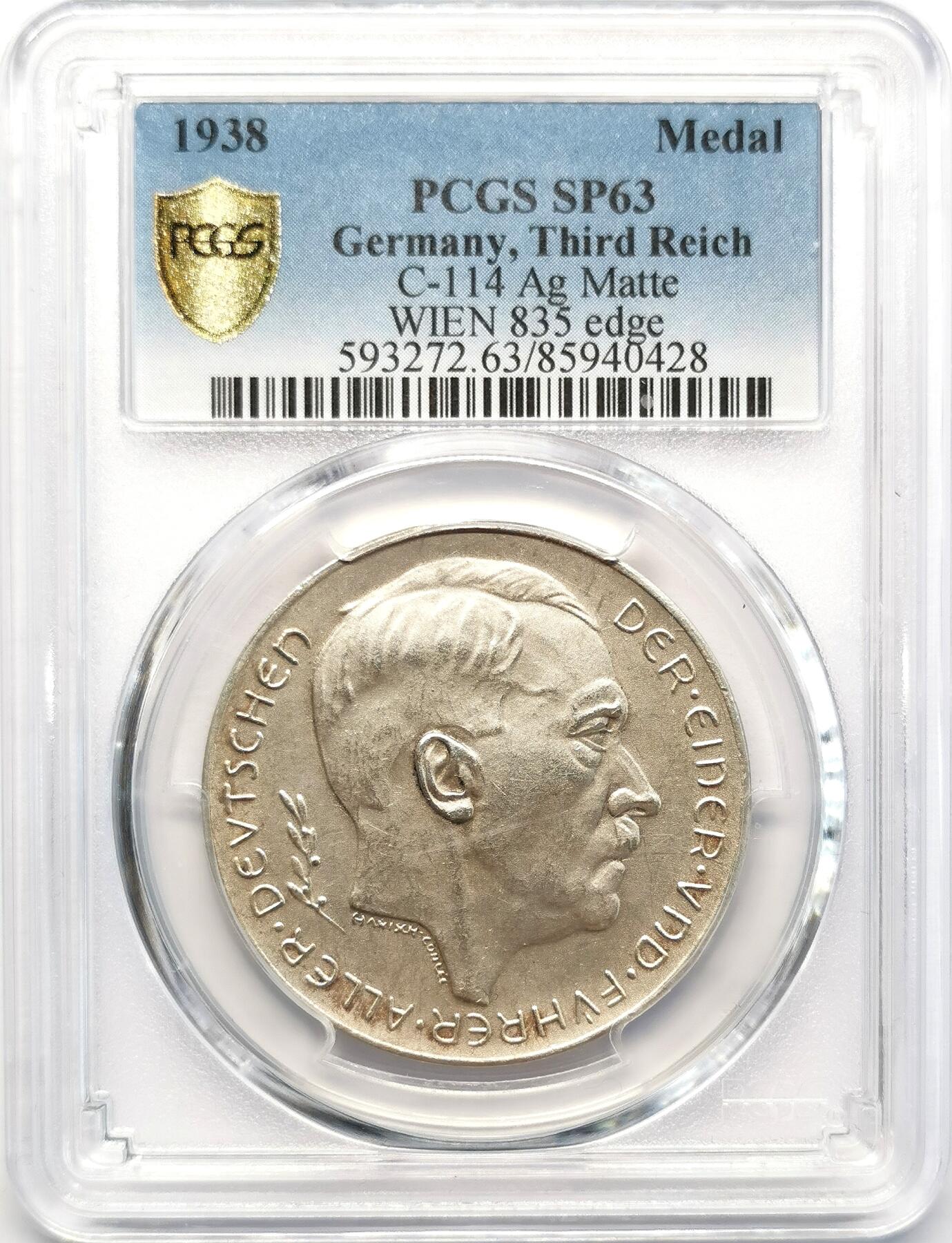 凡希社世界钱币微拍第二百六十八期 1938德奥合并元首像纪念银章PCGS-SP63