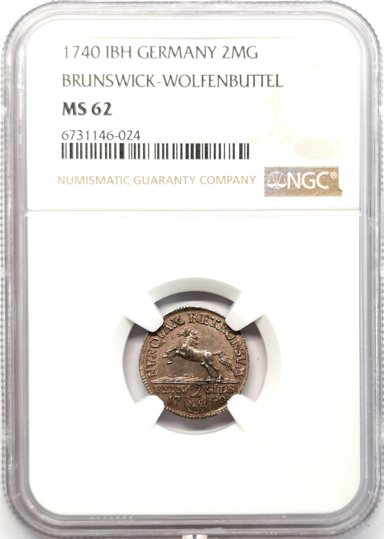 凡希社世界钱币微拍第二百六十八期 1740布伦瑞克沃芬伯特奔马2MG银辅币NGC-MS62，漂亮的紫金彩！