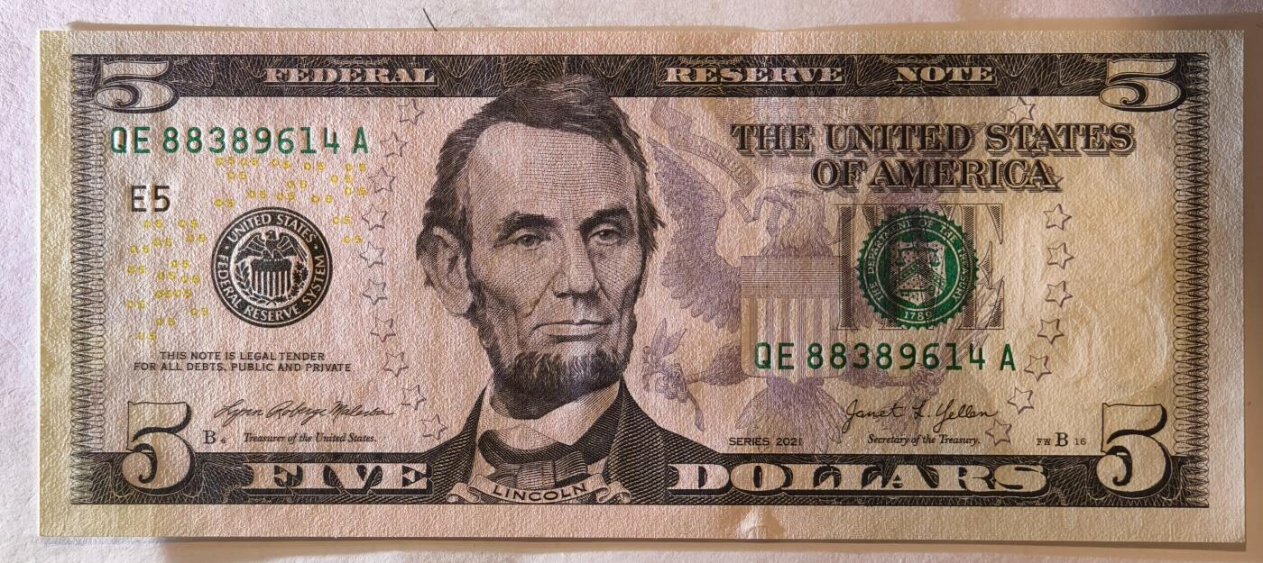 紫瑗钱币——第347期拍卖——纸币场 美国 2021年 E版 无序列 亚伯拉罕·林肯 5美元 彩色版 UNC