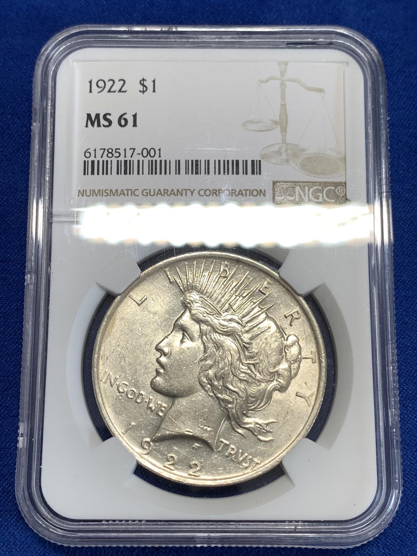 《竞宝斋》第267场- 周日，周一  2场连拍 （全场包邮） NGC MS61 美国1922年和平鸽一美元银币