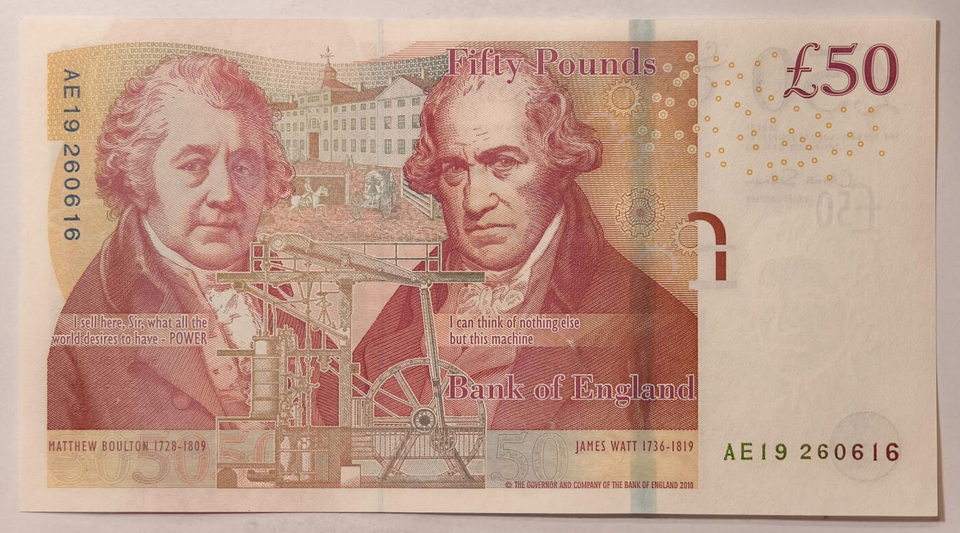 紫瑗钱币——第361期拍卖——纸币场 英国2010年 F序列 工程师瓦特(蒸汽机发明者)和其推广合作者博尔顿 50镑 UNC