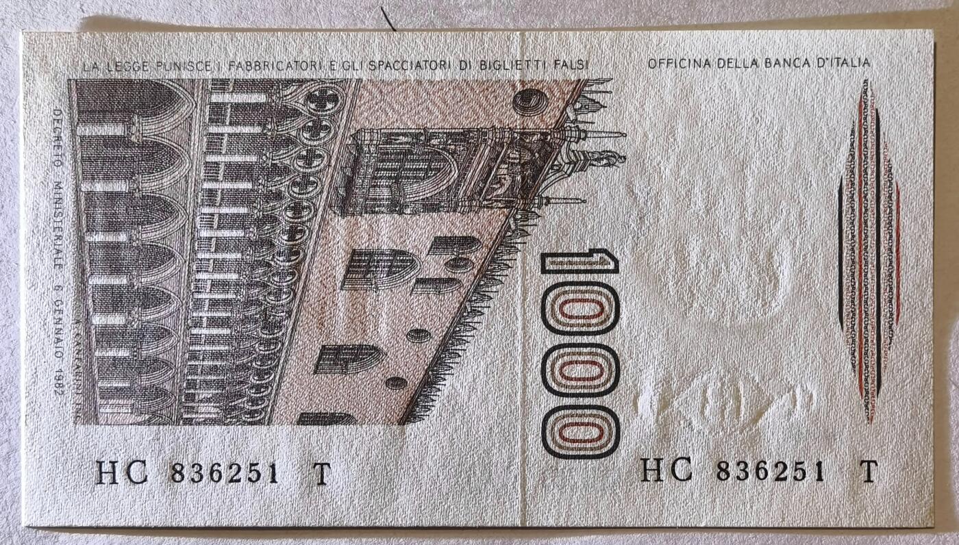 紫瑗钱币——第375期拍卖——纸币场 意大利 1982年 达·芬奇 1000里拉 UNC