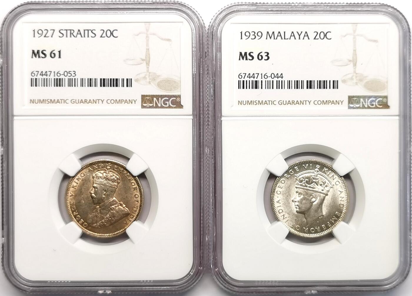 凡希社世界钱币微拍第二百六十八期 海峡/马来亚银辅币一对NGC-MS61/63
