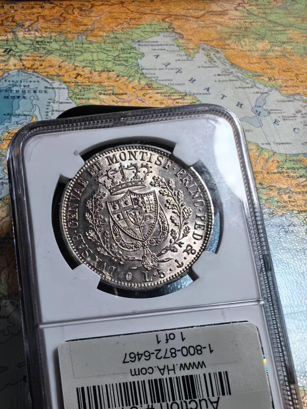 意大利撒丁王国1828年5里拉银币 NGC-MS64