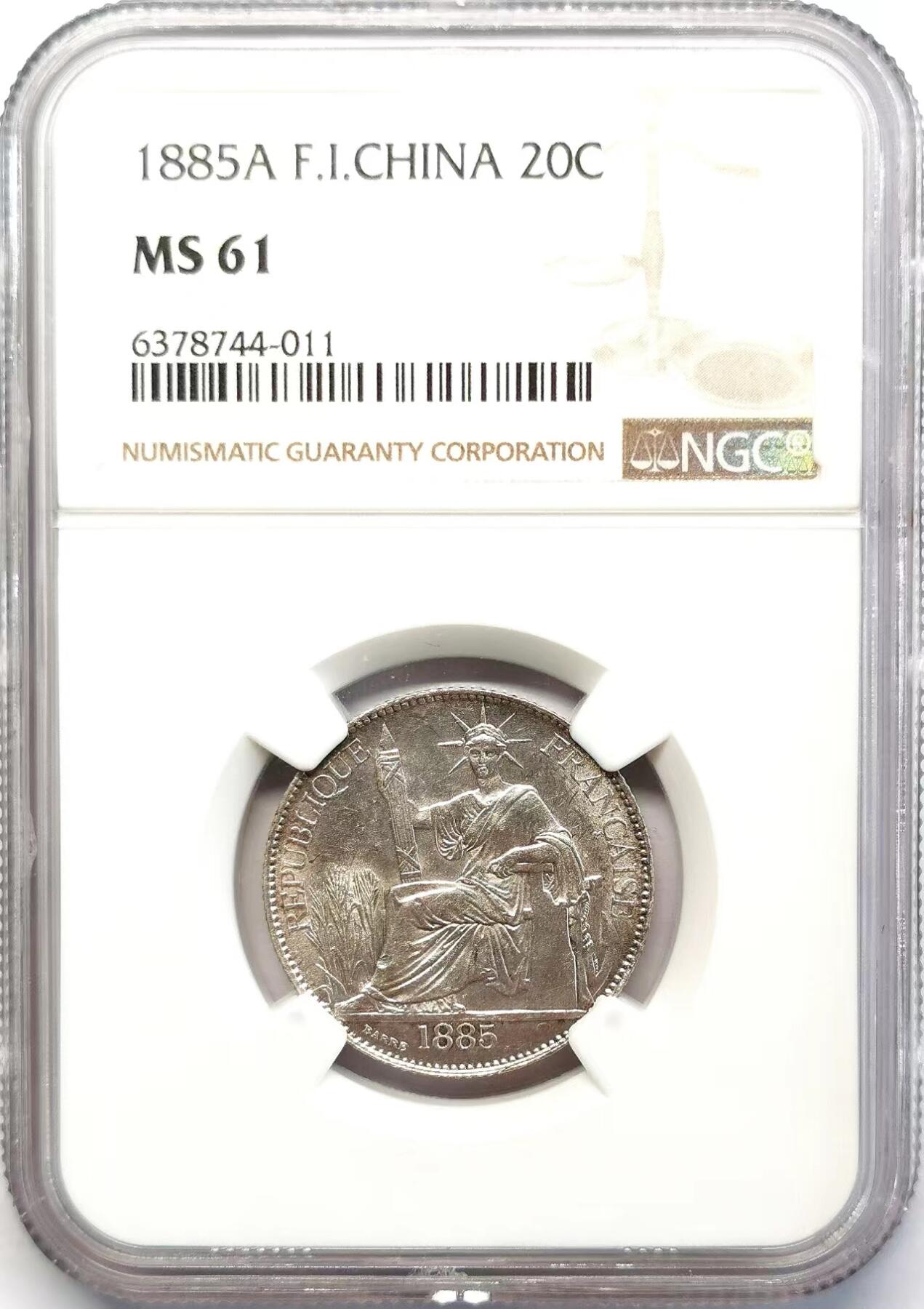 凡希社世界钱币微拍第二百六十八期 1885A法属印度支那20分银币NGC-MS61，早期书价昂贵！