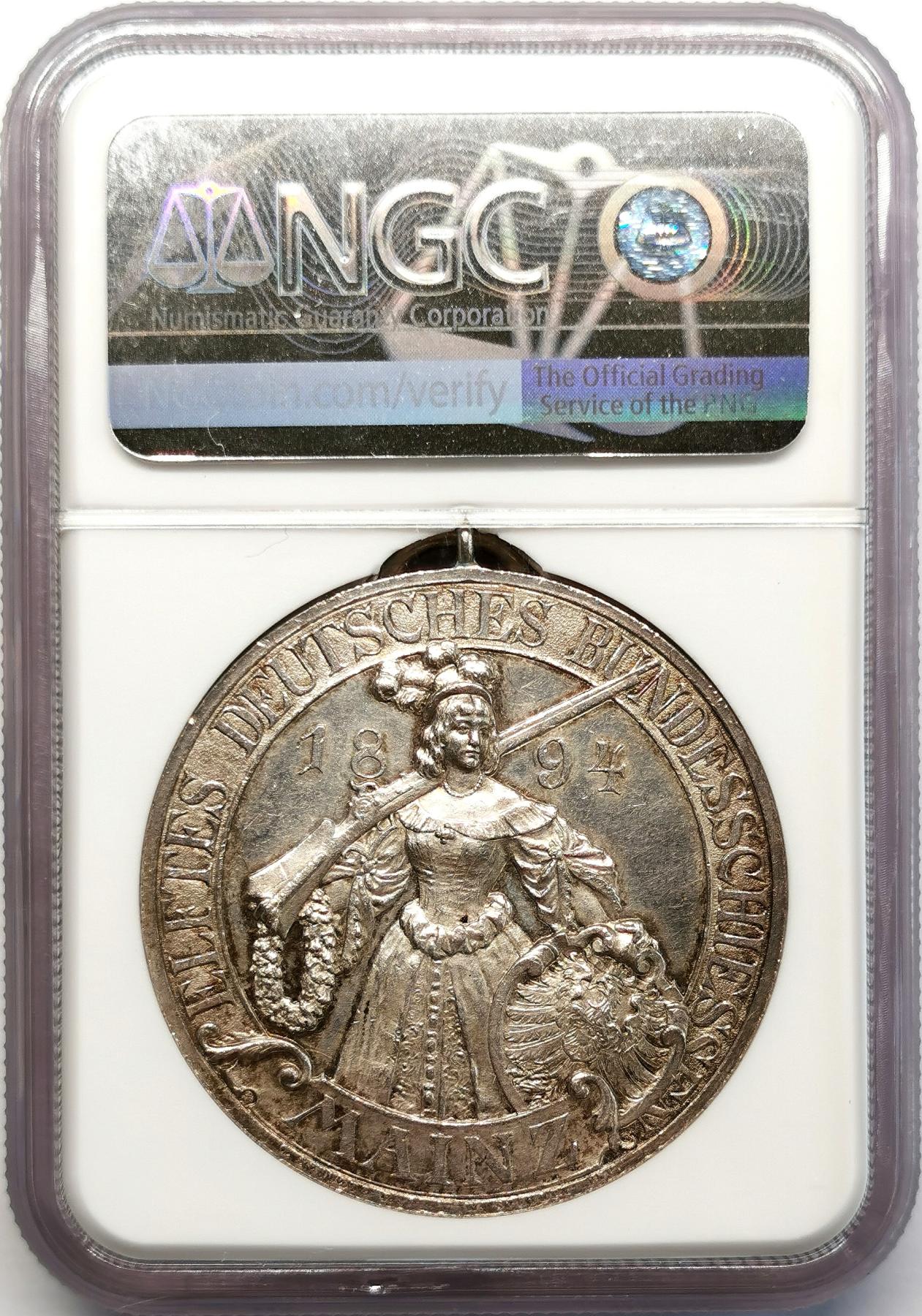 凡希社世界钱币微拍第二百六十八期 1894德国美因茨射击节纪念银章NGC-UNCD挂环完整！