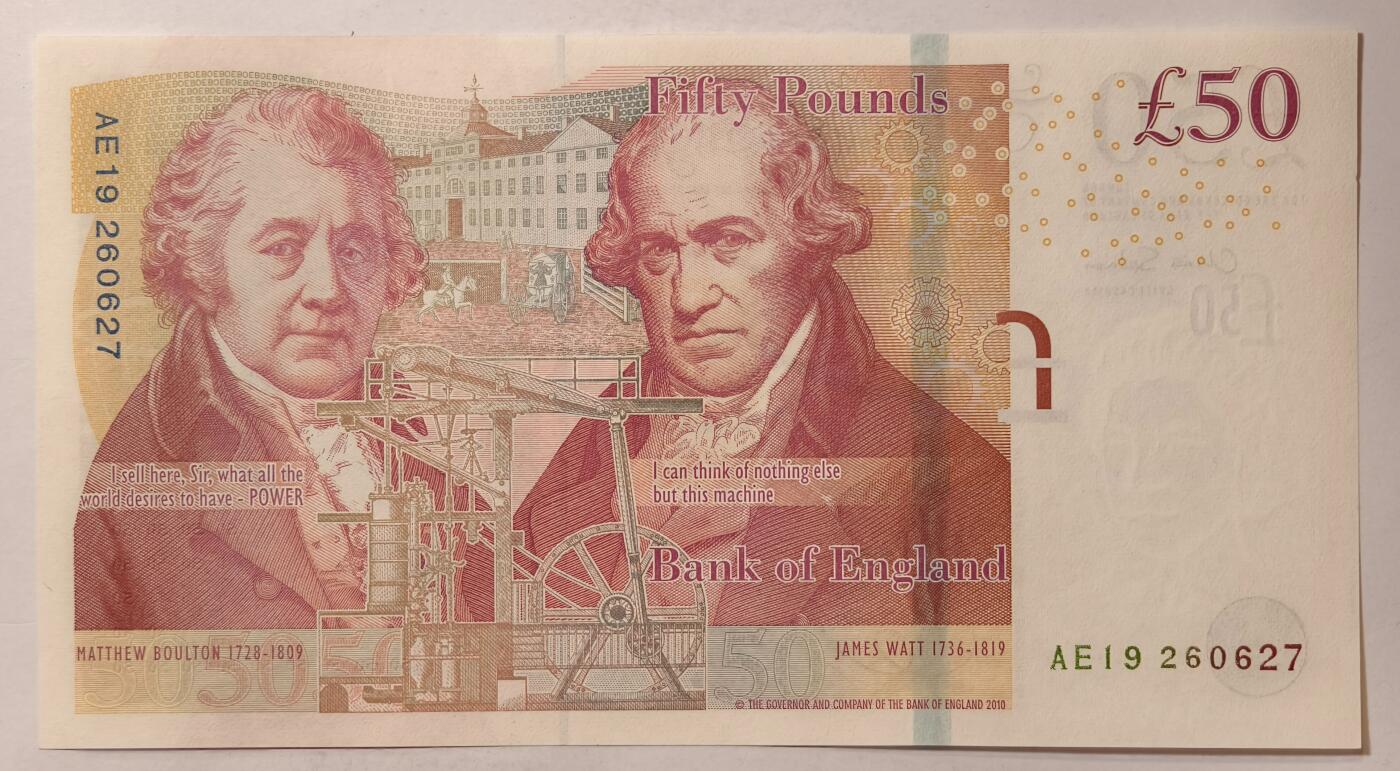 紫瑗钱币——第375期拍卖——纸币场 英国2010年 F序列 工程师瓦特(蒸汽机发明者)和其推广合作者博尔顿 50镑 UNC