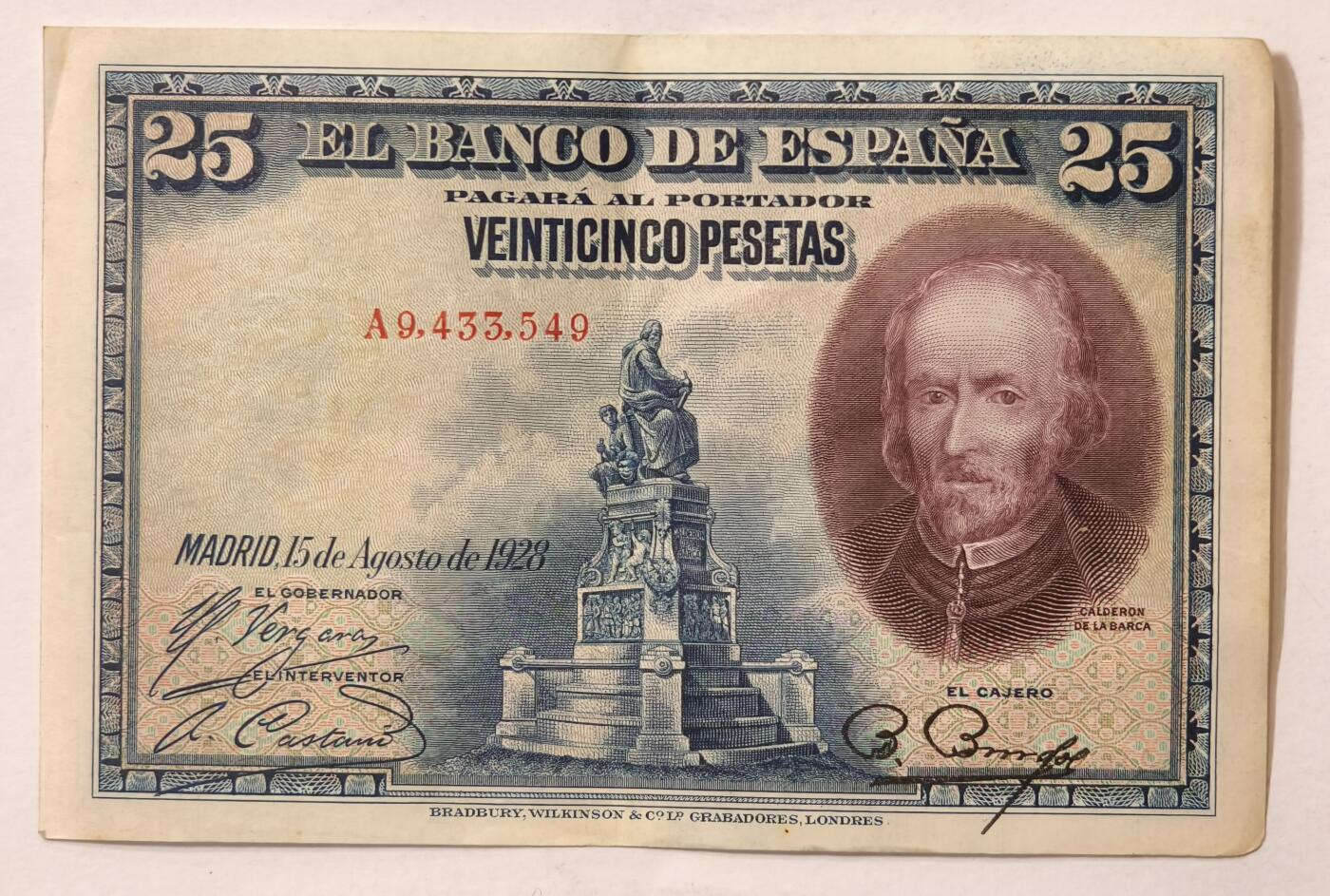 紫瑗钱币——第375期拍卖——纸币场 西班牙 1928年 卡尔德隆 25比塞塔 AU