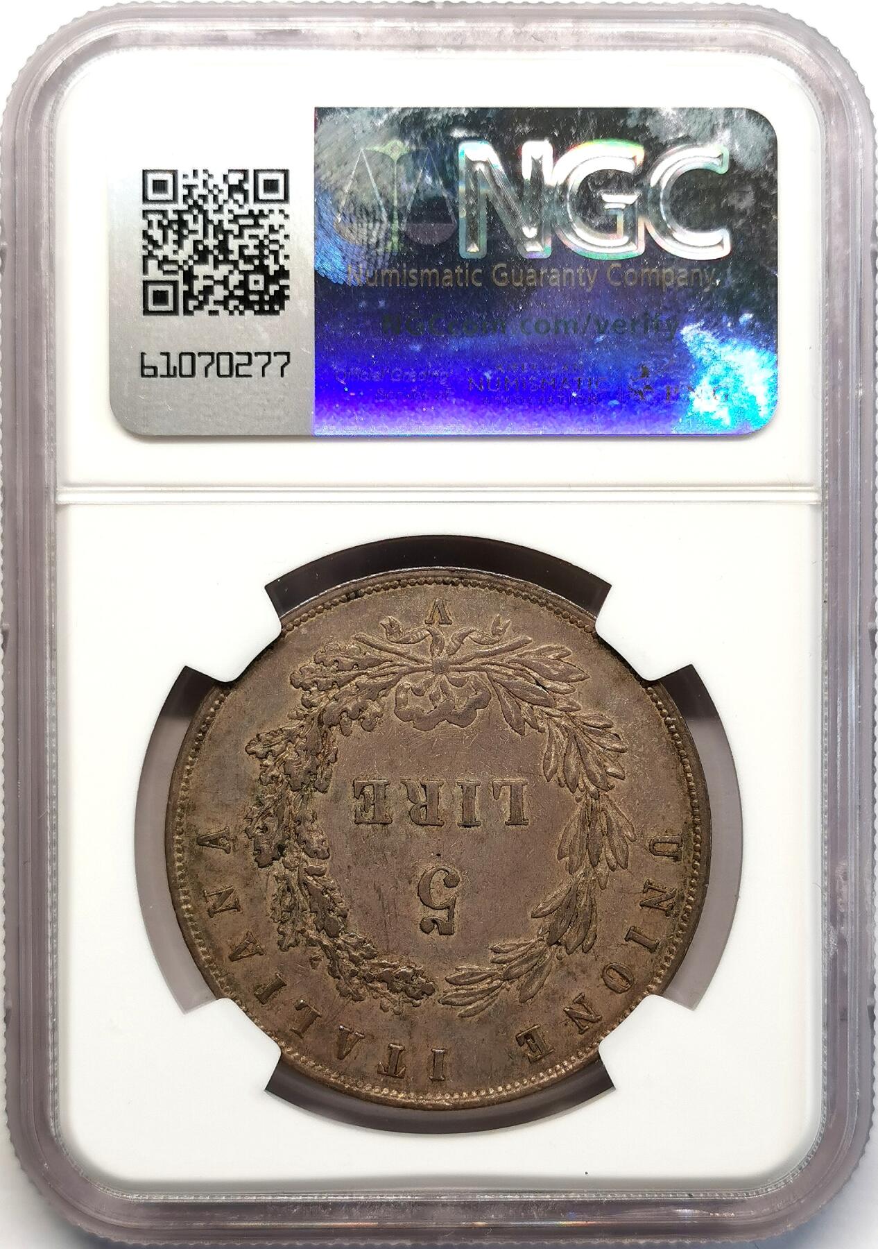 凡希社世界钱币微拍第二百六十八期 1848威尼斯革命政府飞狮5里拉大银NGC-AU50，轻度流通痕迹，整体味道极好，深灰包浆！