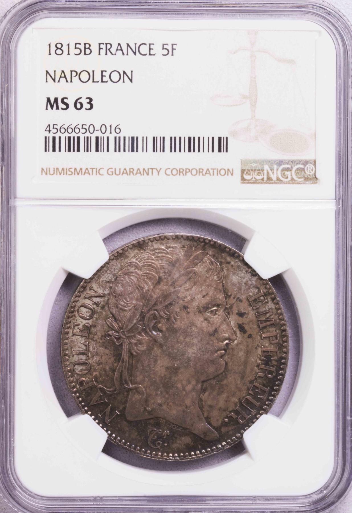 NGC-MS63 1815B法国百日王朝5法郎大银冠军唯一MS