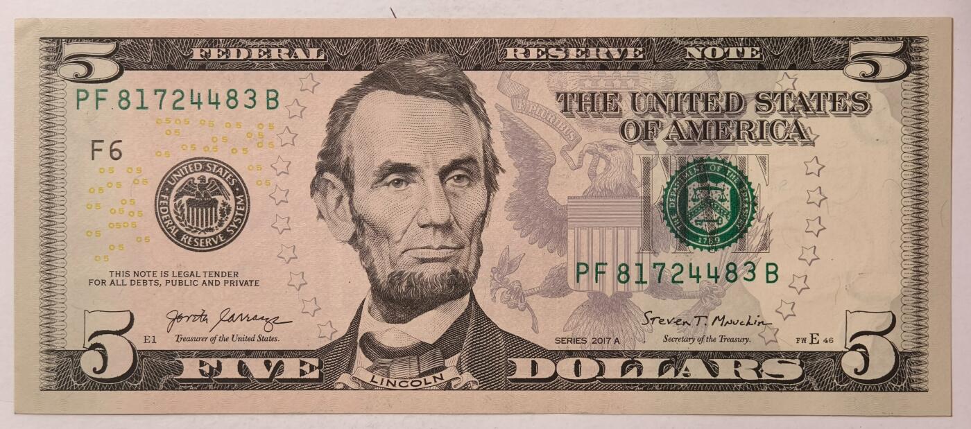 紫瑗钱币——第347期拍卖——纸币场 美国 2017年 F版 A序列 亚伯拉罕·林肯 5美元 彩色版 UNC