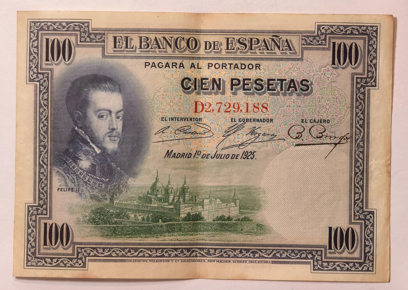 紫瑗钱币——第361期拍卖——纸币场 【双尾8】西班牙 1925年 油画《腓力二世的座椅》 100比塞塔 AU