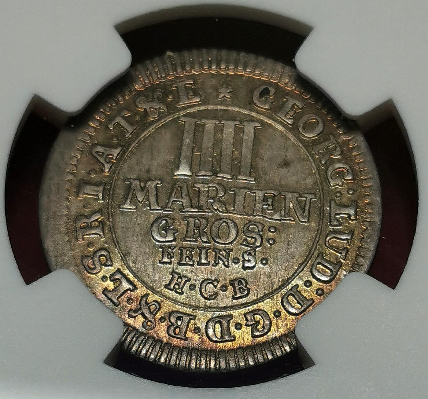 凡希社世界钱币微拍第二百六十八期 1714布伦瑞克吕内堡奔马4MG银辅币NGC-MS62，五彩绝美！