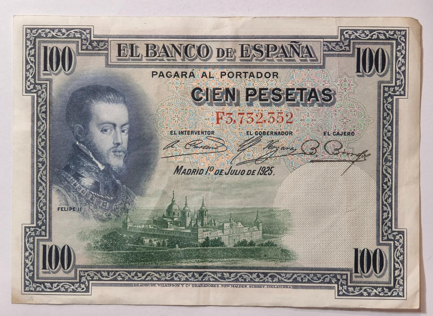 紫瑗钱币——第347期拍卖——纸币场 西班牙 1925年 油画《腓力二世的座椅》 100比塞塔 AU